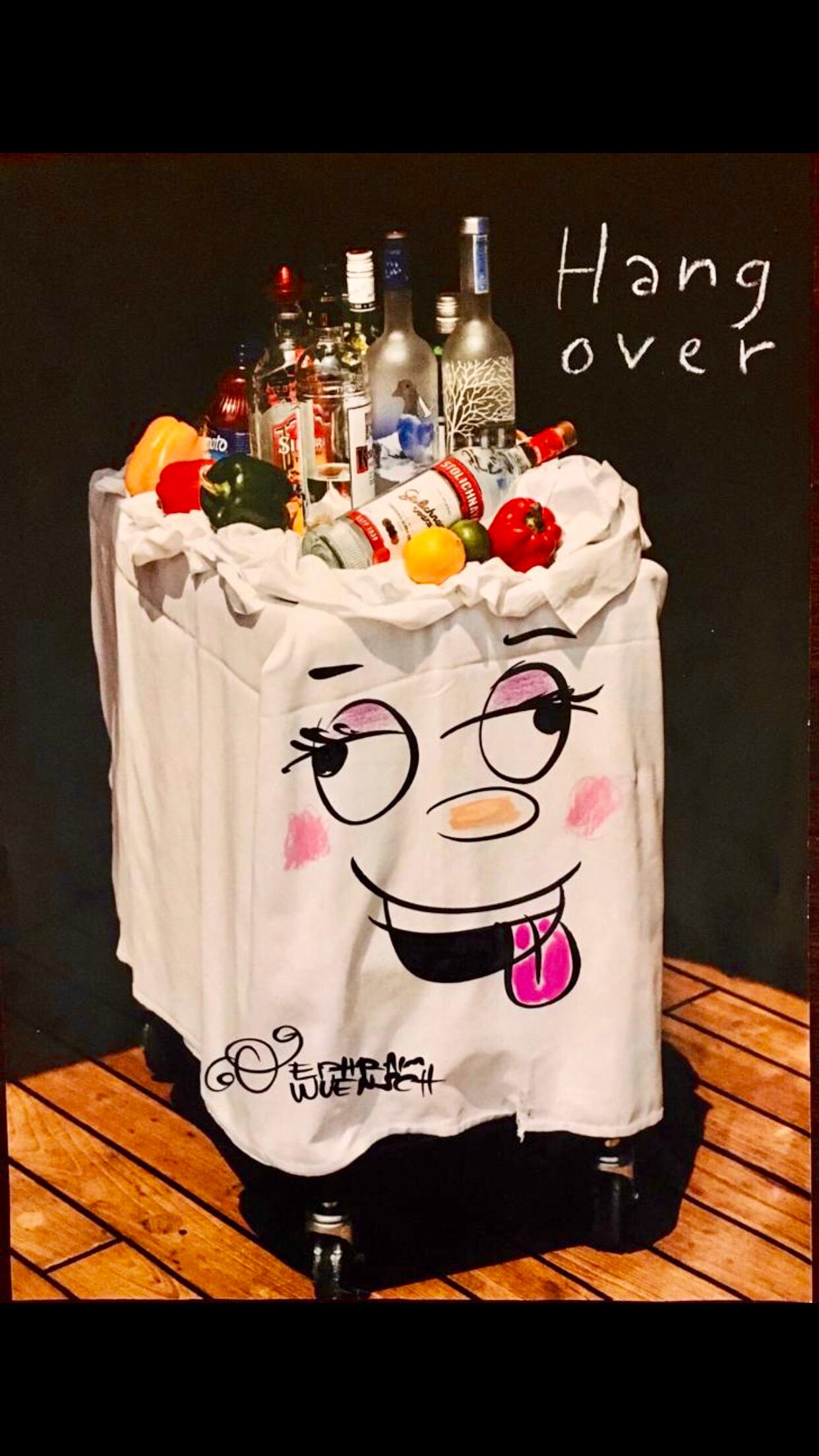 Mixed Media „Hangover“ Vodka Barwagen Pop Art Zeichnung NYC Street Art (Beige), Figurative Art, von Ephraim Wuensch