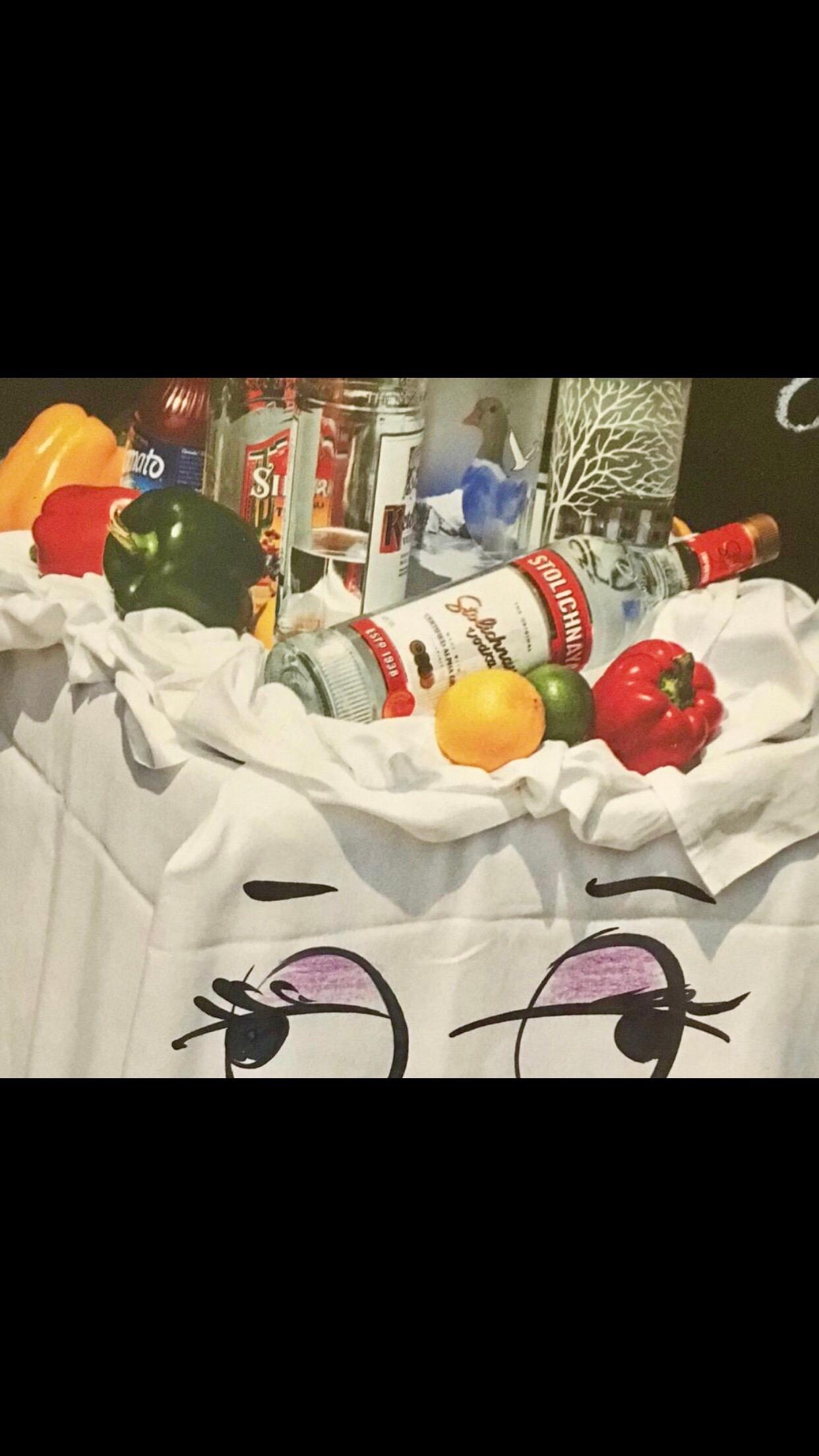 This is a take on an ad featuring, Grey Goose, Stolichnaya, Ketel One and Belvedere Vodka with tomato juice resting on a tipsy bar cart.

The bold and eclectic work of self taught artist Ephraim Wuensch is part social commentary part contemporary