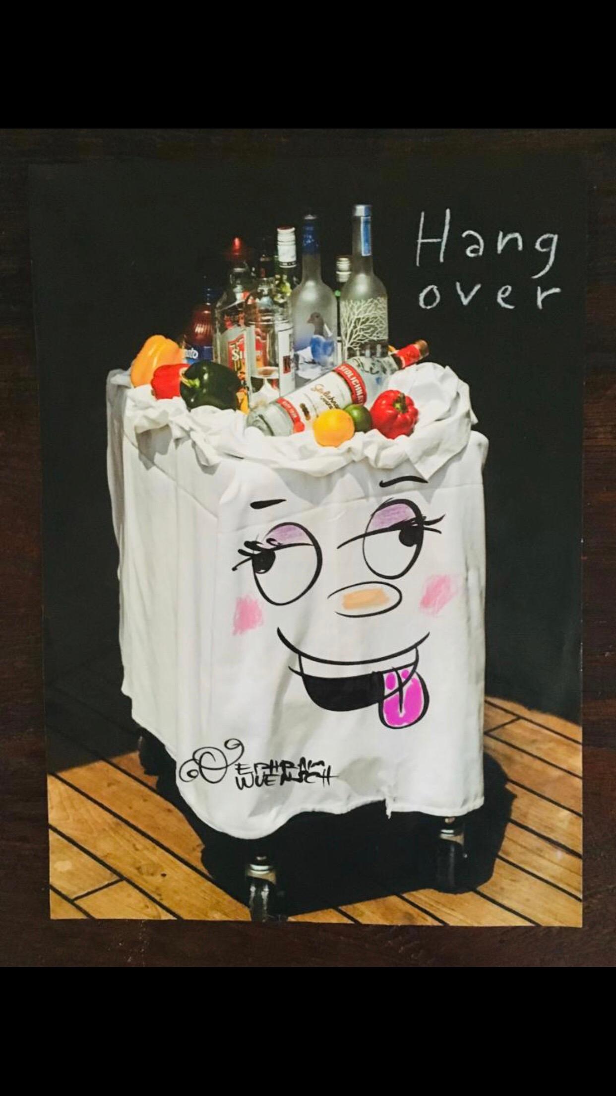 This is a reworked ad from a magazine, featuring Grey Goose, Stolichnaya, Ketel One and Belvedere Vodka with tomato juice resting on a tipsy bar cart. It is then drawn and modified by the artist. 

The bold and eclectic work of self taught artist