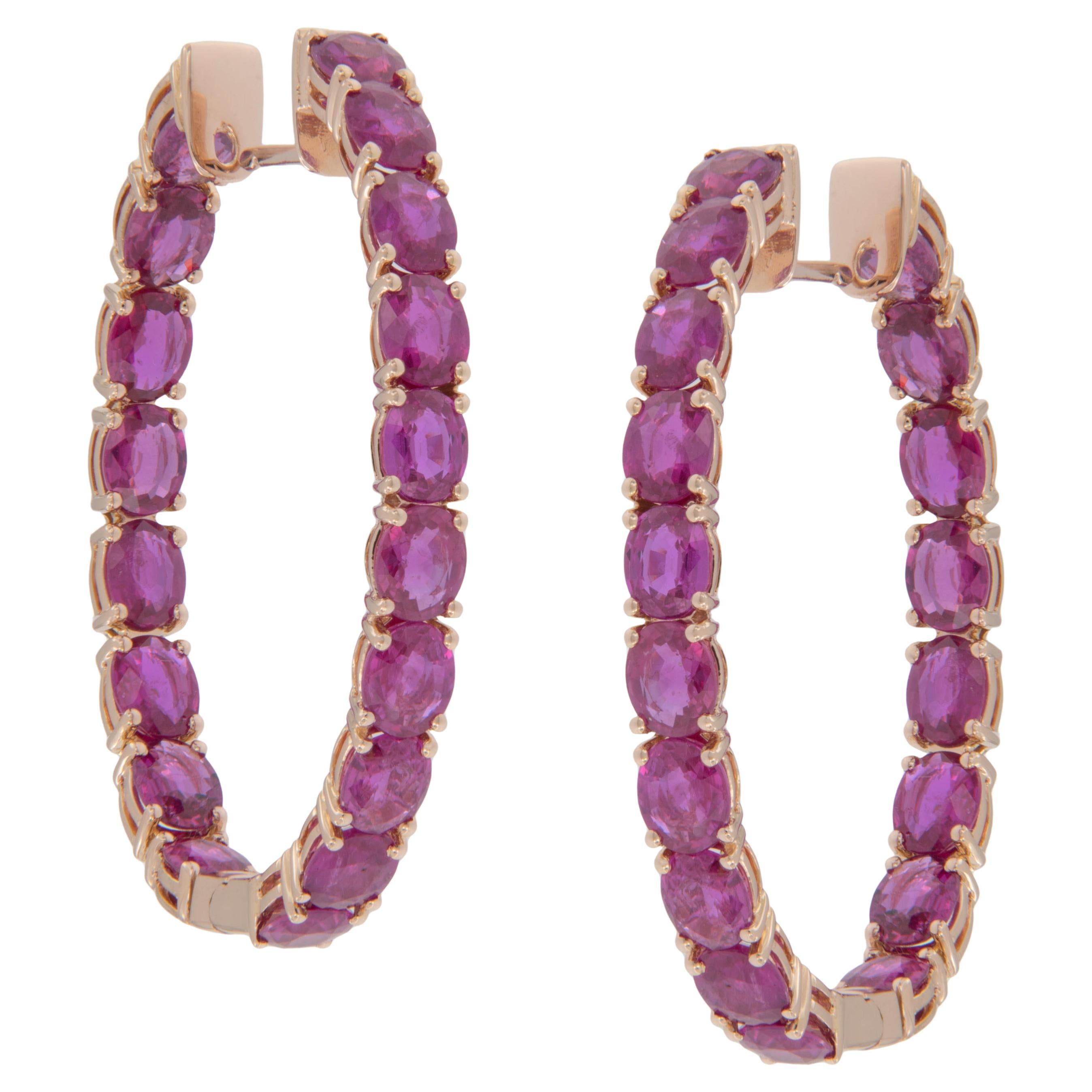 Epic 18 Karat Rose Gold 11.62 Carat Oval Ruby Inside Outside Hoop Earrings For Sale