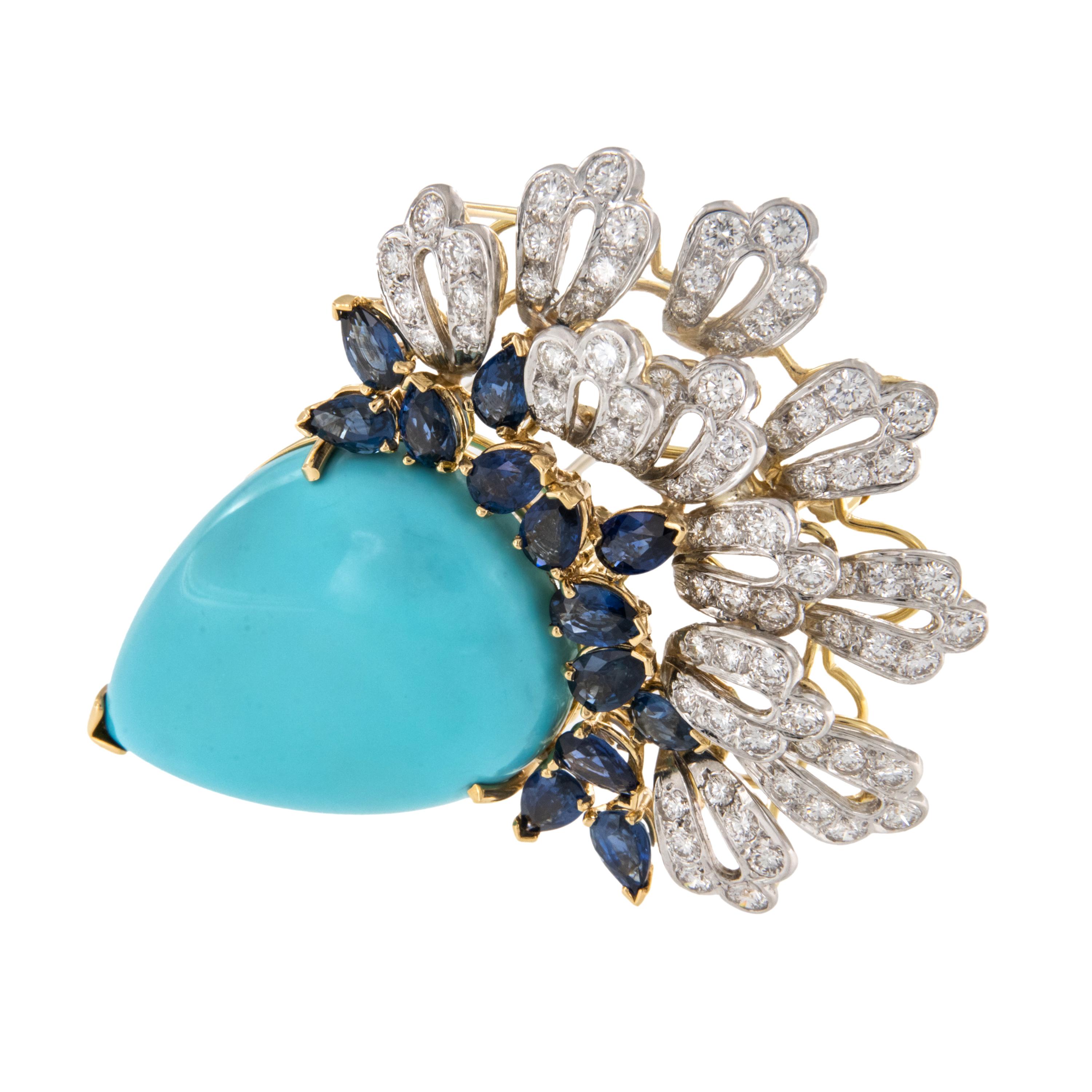 Contemporary Epic! 18 Karat Yellow Gold Turquoise, Sapphire and Diamond Brooch by Emis Beros