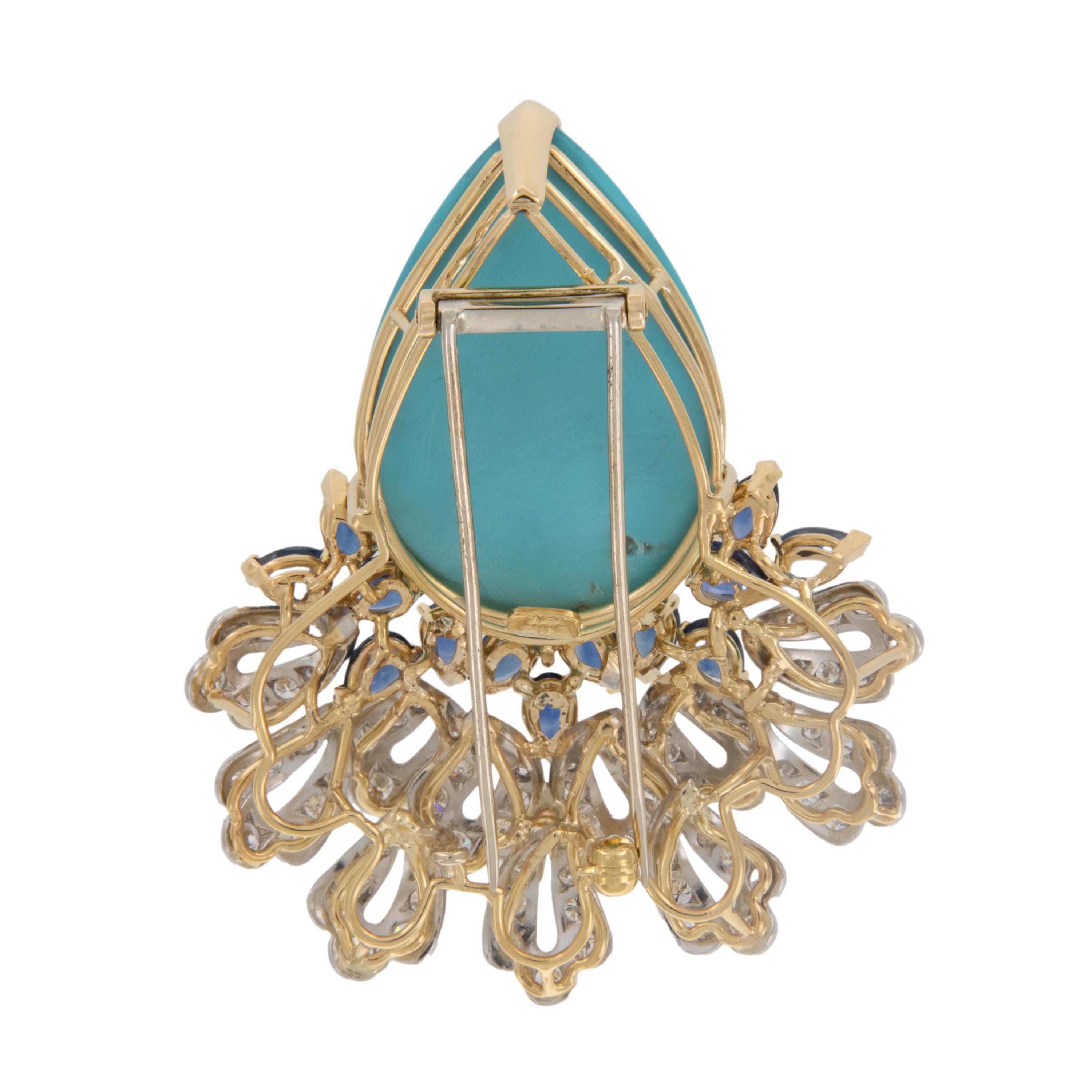 Cabochon Epic! 18 Karat Yellow Gold Turquoise, Sapphire and Diamond Brooch by Emis Beros