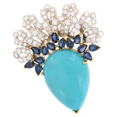 Epic! 18 Karat Yellow Gold Turquoise, Sapphire and Diamond Brooch by Emis Beros