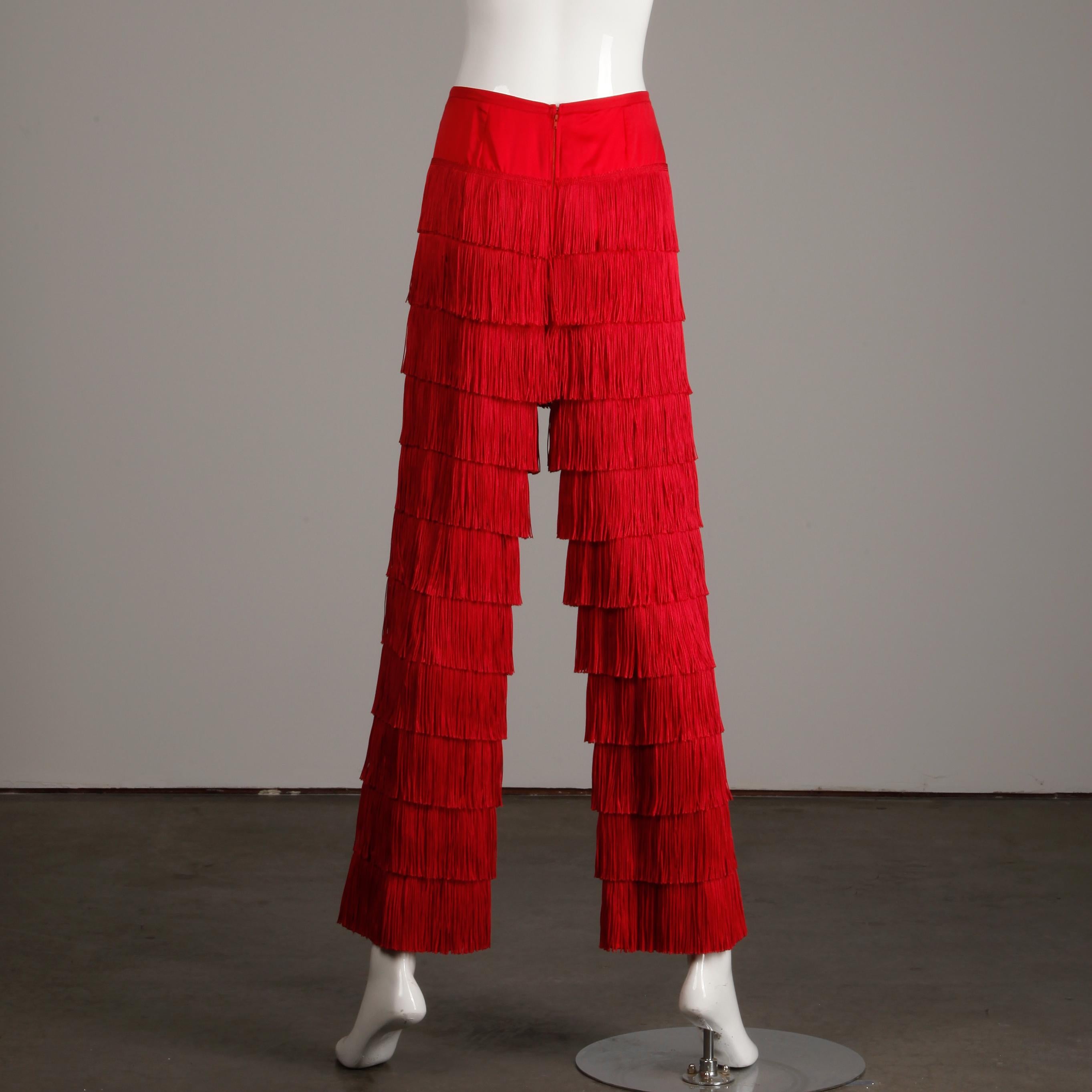 Epic 1960s Vintage Bright Red Tiered Fringe Pants or Trousers In Excellent Condition In Sparks, NV