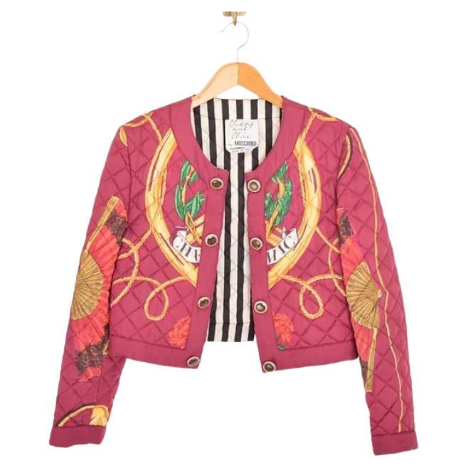 Epic 1990's Moschino 'Cheap & Chic' Quilted Scarf Print Cropped Boucle Jacket For Sale