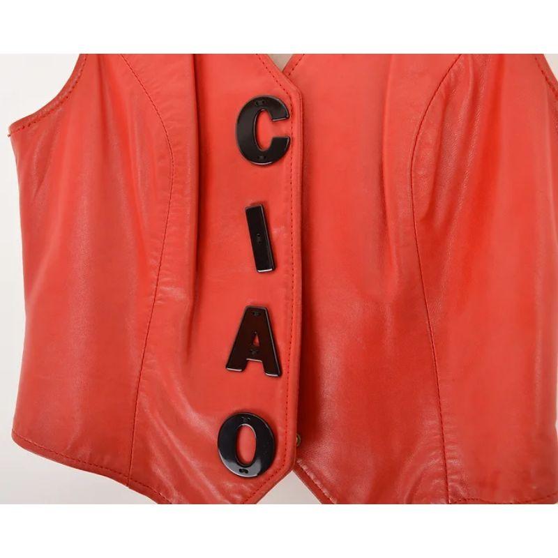 Epic 1990's Moschino 'Ciao Seeyou Leather' Fun Red Waistcoat Vest In Good Condition For Sale In Sheffield, GB