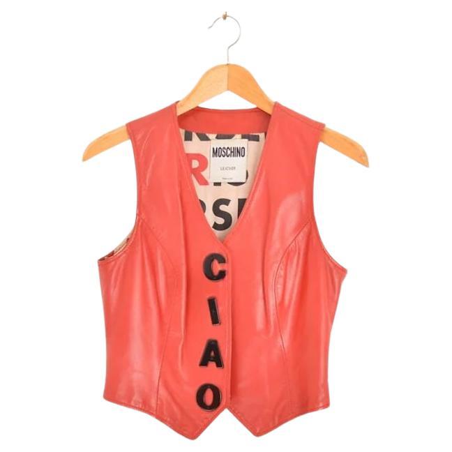 Gilet Moschino 'Ciao Seeyou Leather' rouge amusant des années 1990