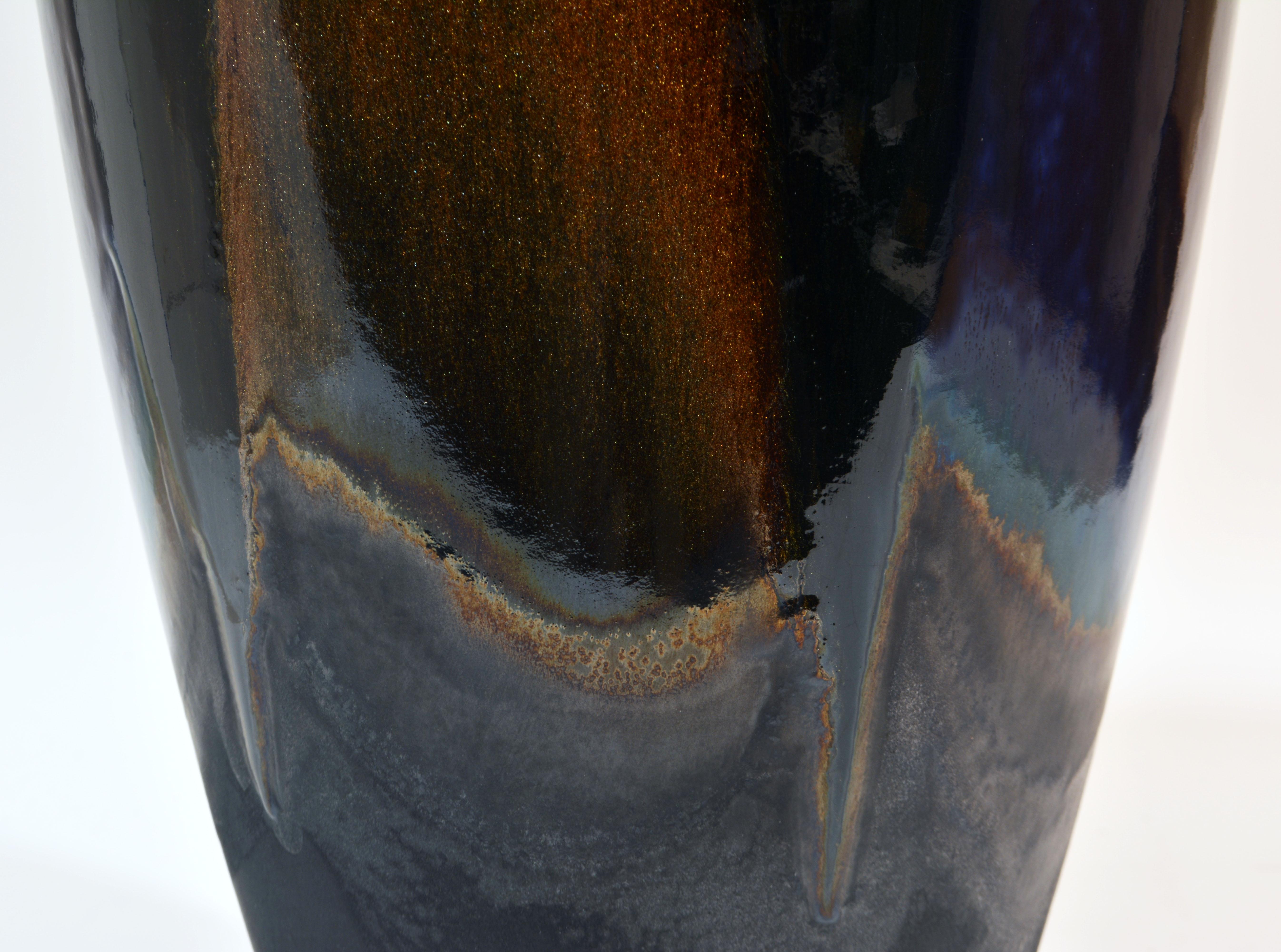 Epic Art Deco Inspired Ceramic Drip Glazed Lidded Raku Vase by Tony Evans CA For Sale 4