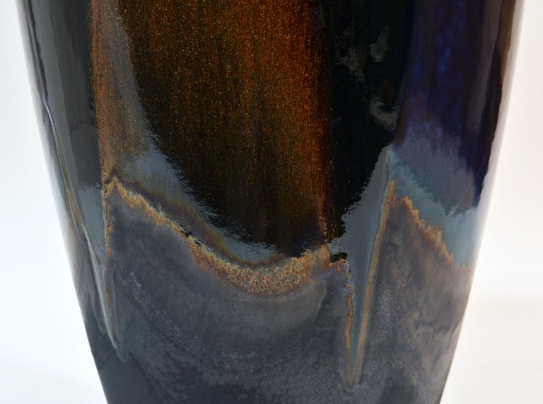 Epic Art Deco Inspired Ceramic Drip Glazed Lidded Raku Vase by Tony Evans CA For Sale 7