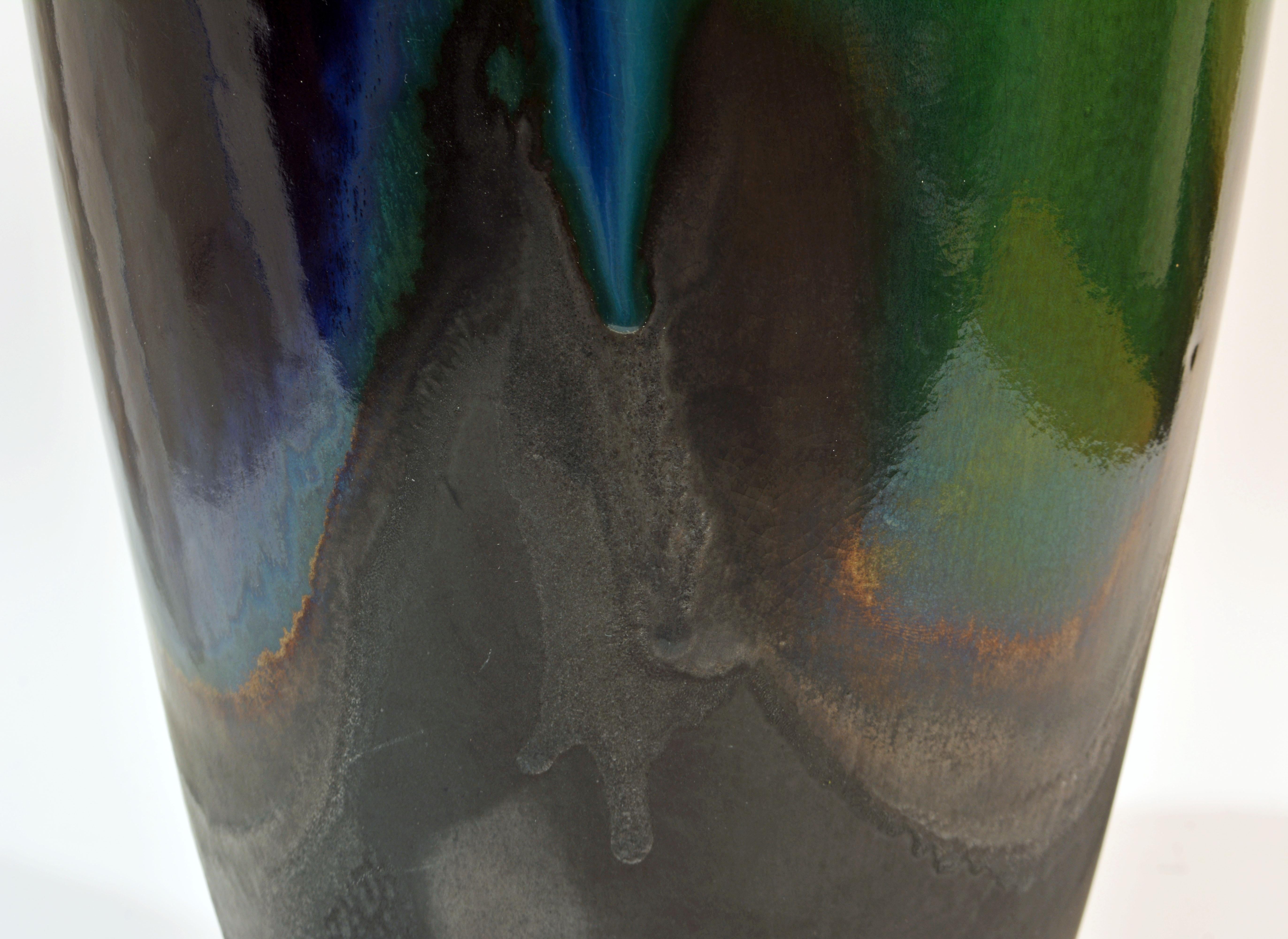 Epic Art Deco Inspired Ceramic Drip Glazed Lidded Raku Vase by Tony Evans CA For Sale 5