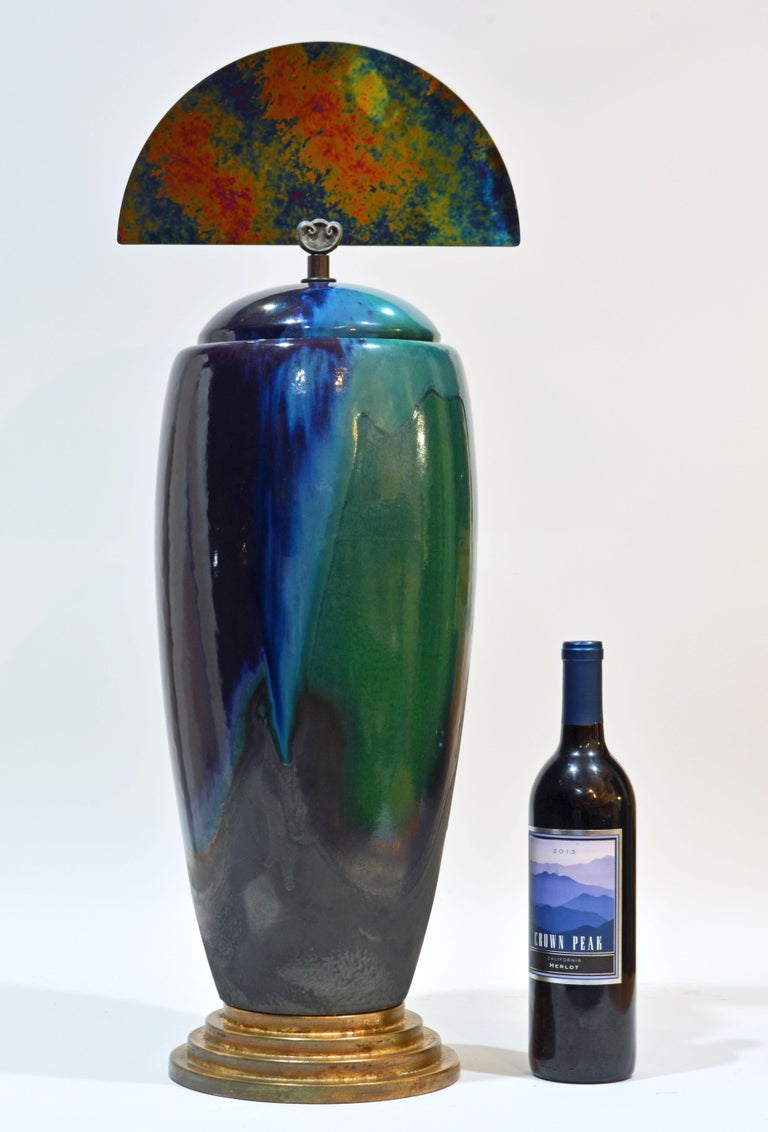American Epic Art Deco Inspired Ceramic Drip Glazed Lidded Raku Vase by Tony Evans CA For Sale