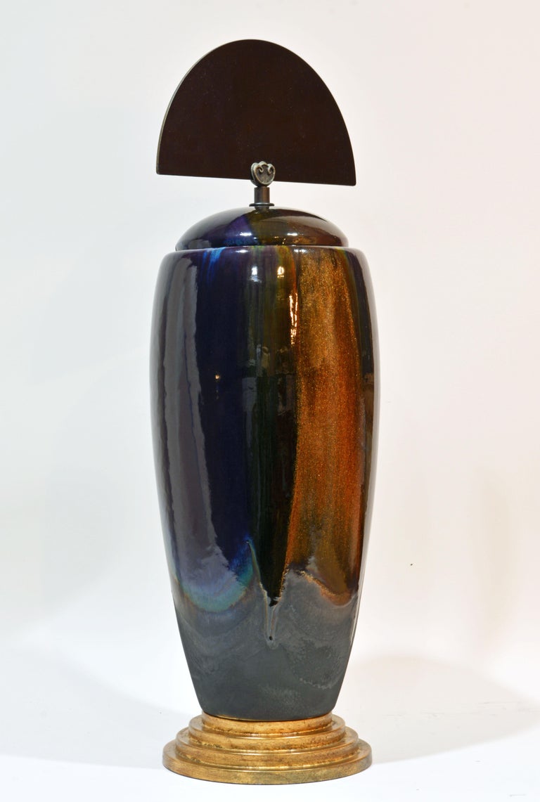 20th Century Epic Art Deco Inspired Ceramic Drip Glazed Lidded Raku Vase by Tony Evans CA For Sale
