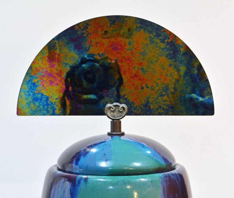 Bronze Epic Art Deco Inspired Ceramic Drip Glazed Lidded Raku Vase by Tony Evans CA For Sale