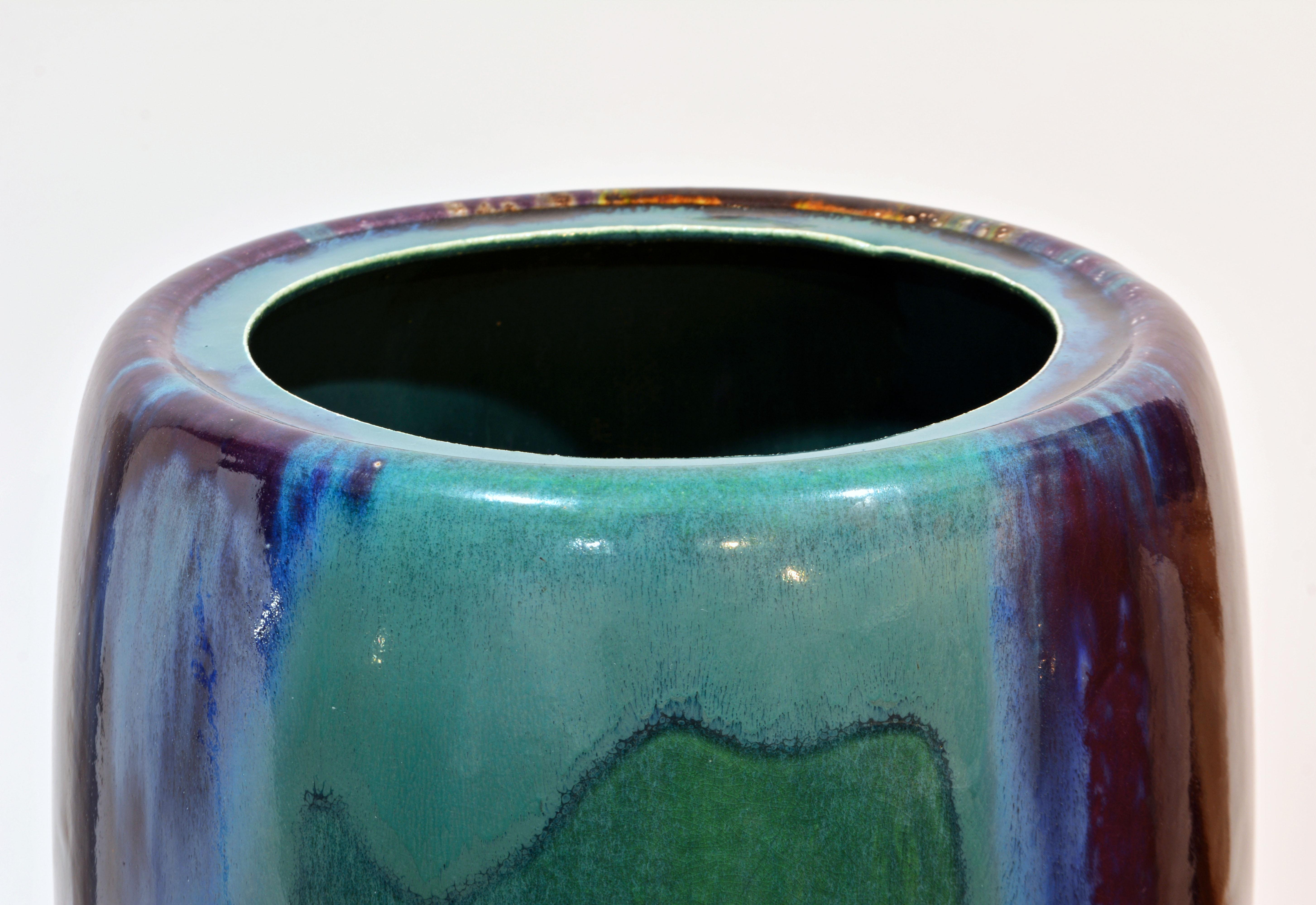 Epic Art Deco inspirierte Raku-Vase aus Keramik mit Tropfglasur und Deckel von Tony Evans CA im Angebot 1