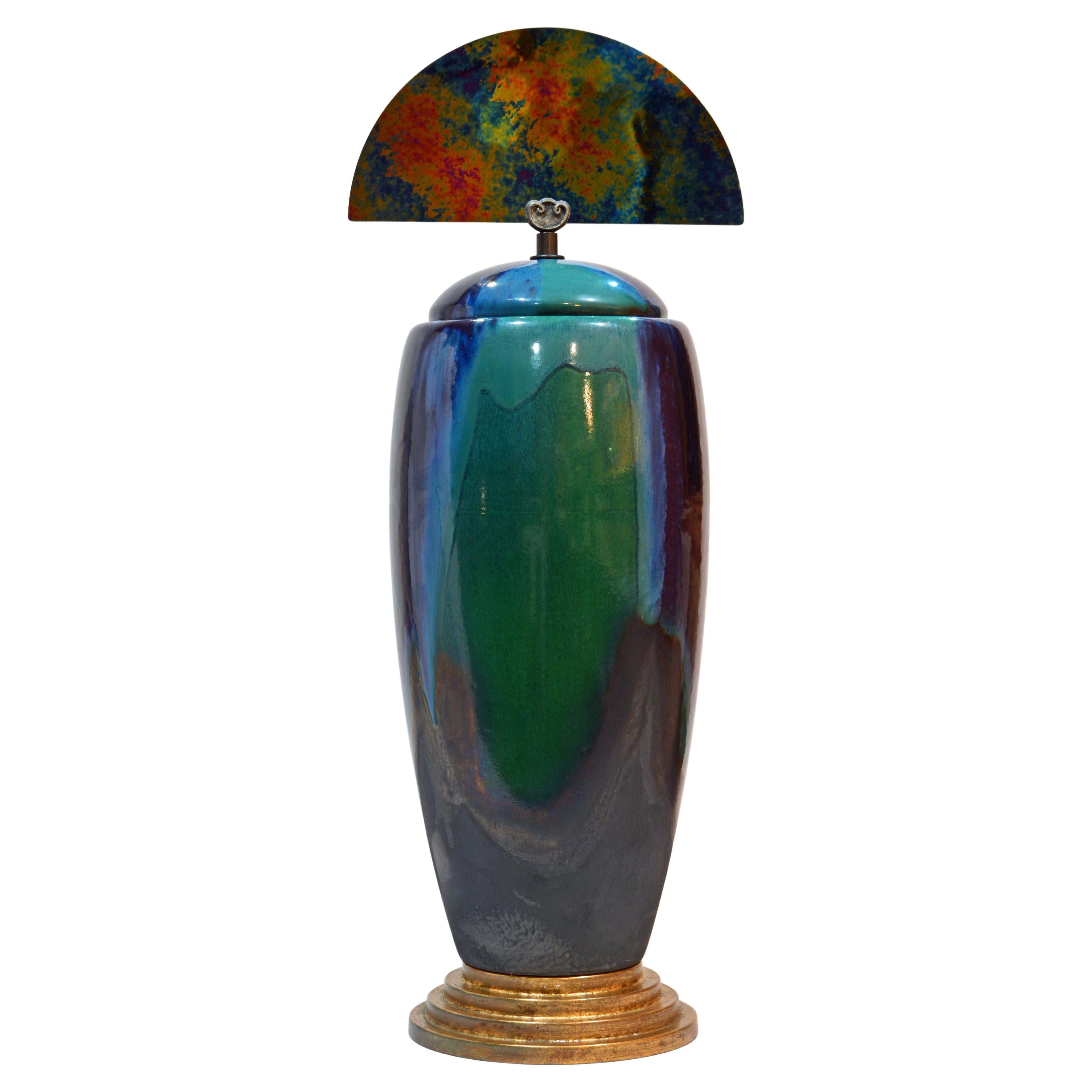 Epic Art Deco Inspired Ceramic Drip Glazed Lidded Raku Vase by Tony Evans CA