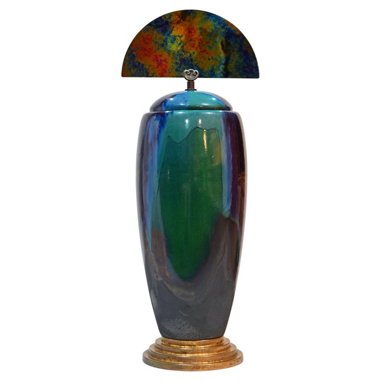 Epic Art Deco Inspired Ceramic Drip Glazed Lidded Raku Vase by Tony Evans CA For Sale