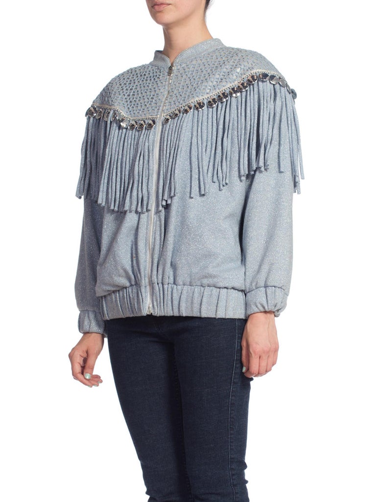 Epic Blue Knit Silver Lurex Fringe Shoulder Pad 1980S Jacket For Sale