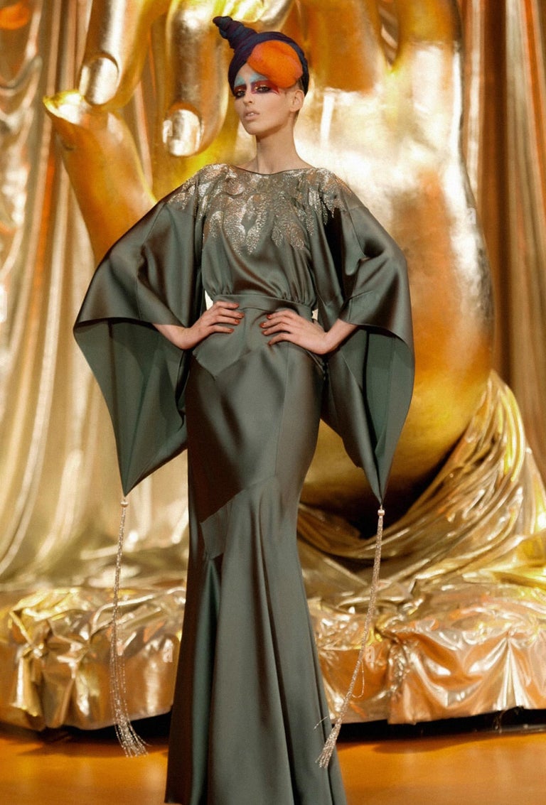 green emerald velvet dress John Galliano Glamourous Gold Satin Shirred Front Button Back Evening –  Palm Beach Vintage main image 1