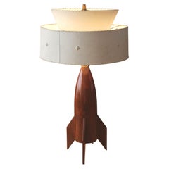 Retro Epic Mid Century Modern Rocket Table Lamp! Mahogany Fiberglass Sputnik Era Icon!