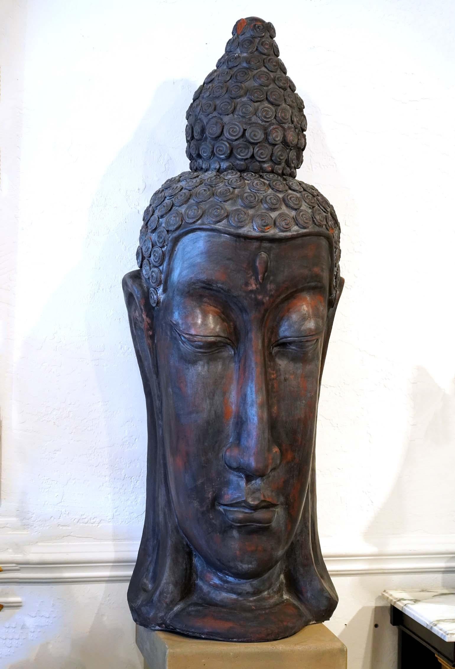 Chinoiserie Epic Thai Patinated Terracotta Buddha Head with Elongated Face, 20th Century