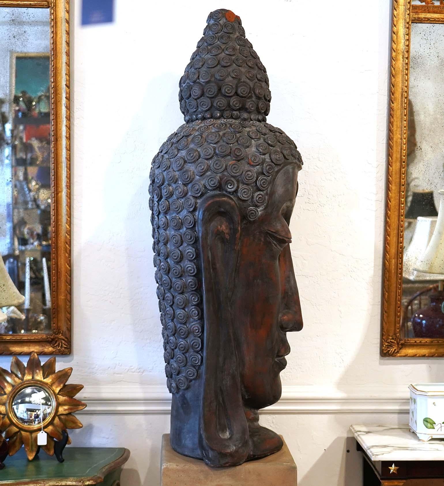 Epic Thai Patinated Terracotta Buddha Head with Elongated Face, 20th Century In Good Condition In Ft. Lauderdale, FL