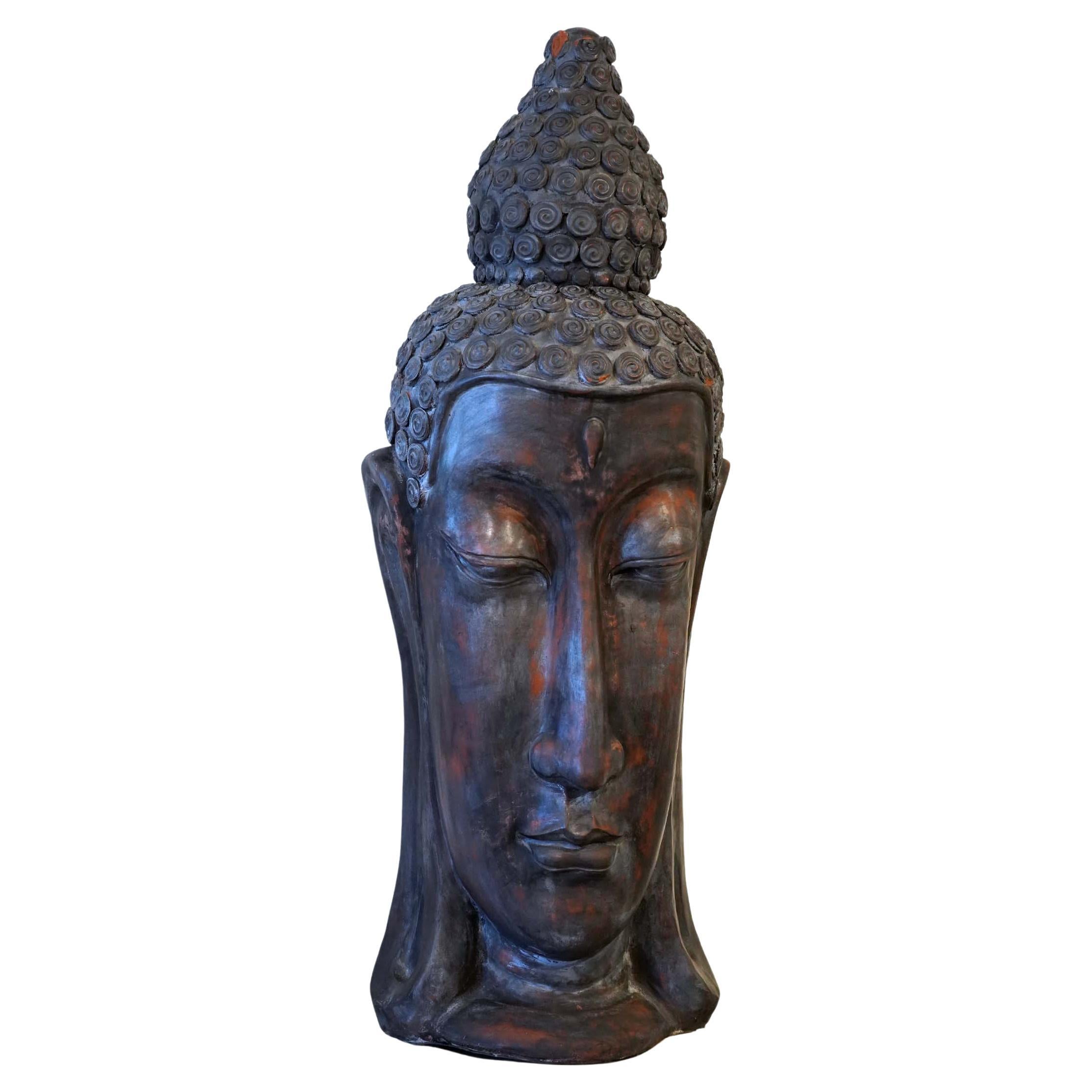 Epic Thai Patinated Terracotta Buddha Head with Elongated Face, 20th Century