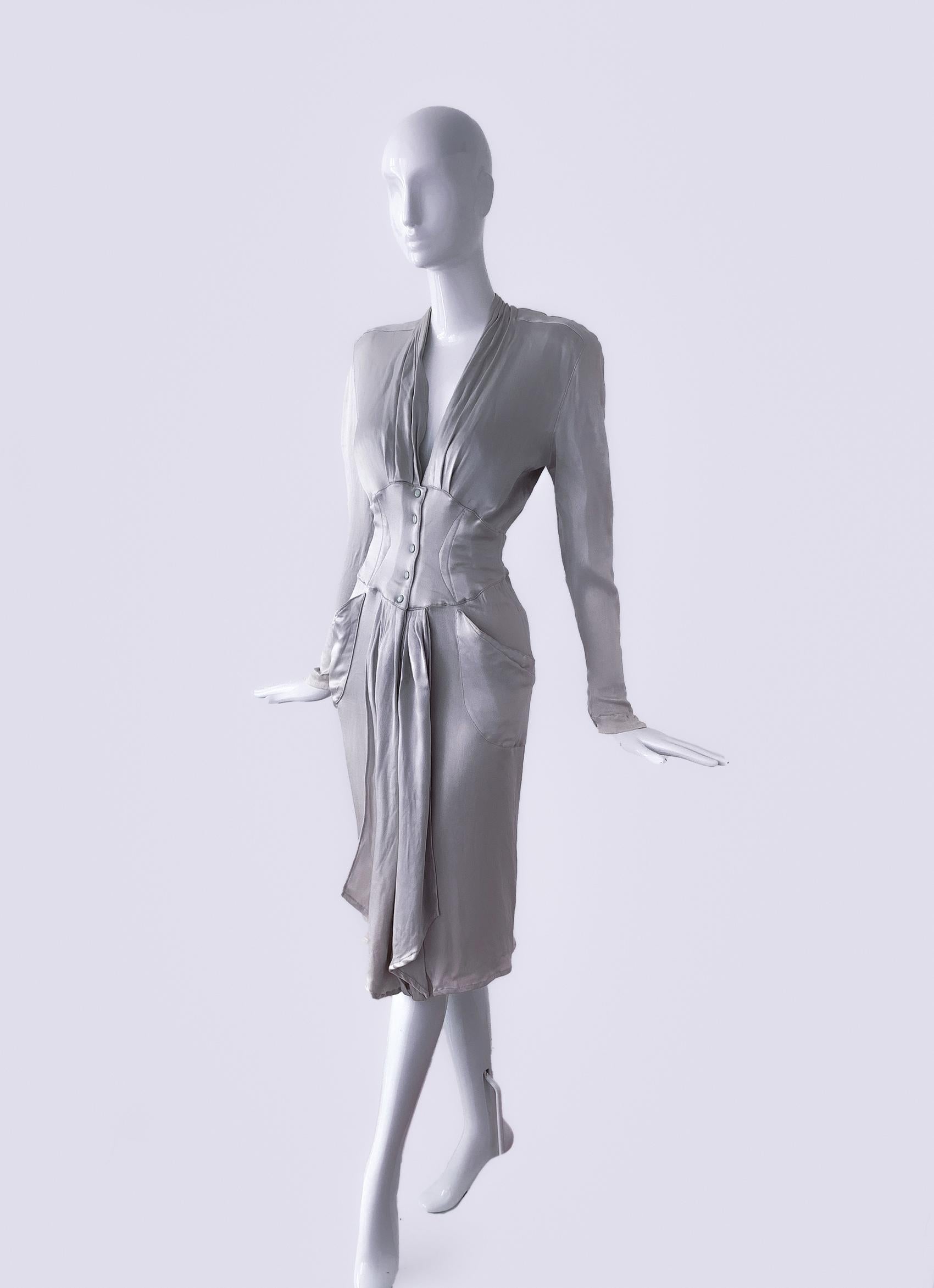 Epic Thierry Mugler FW1986 Silver Metallic Liquid Silky Goddess Dress Rare  For Sale 1