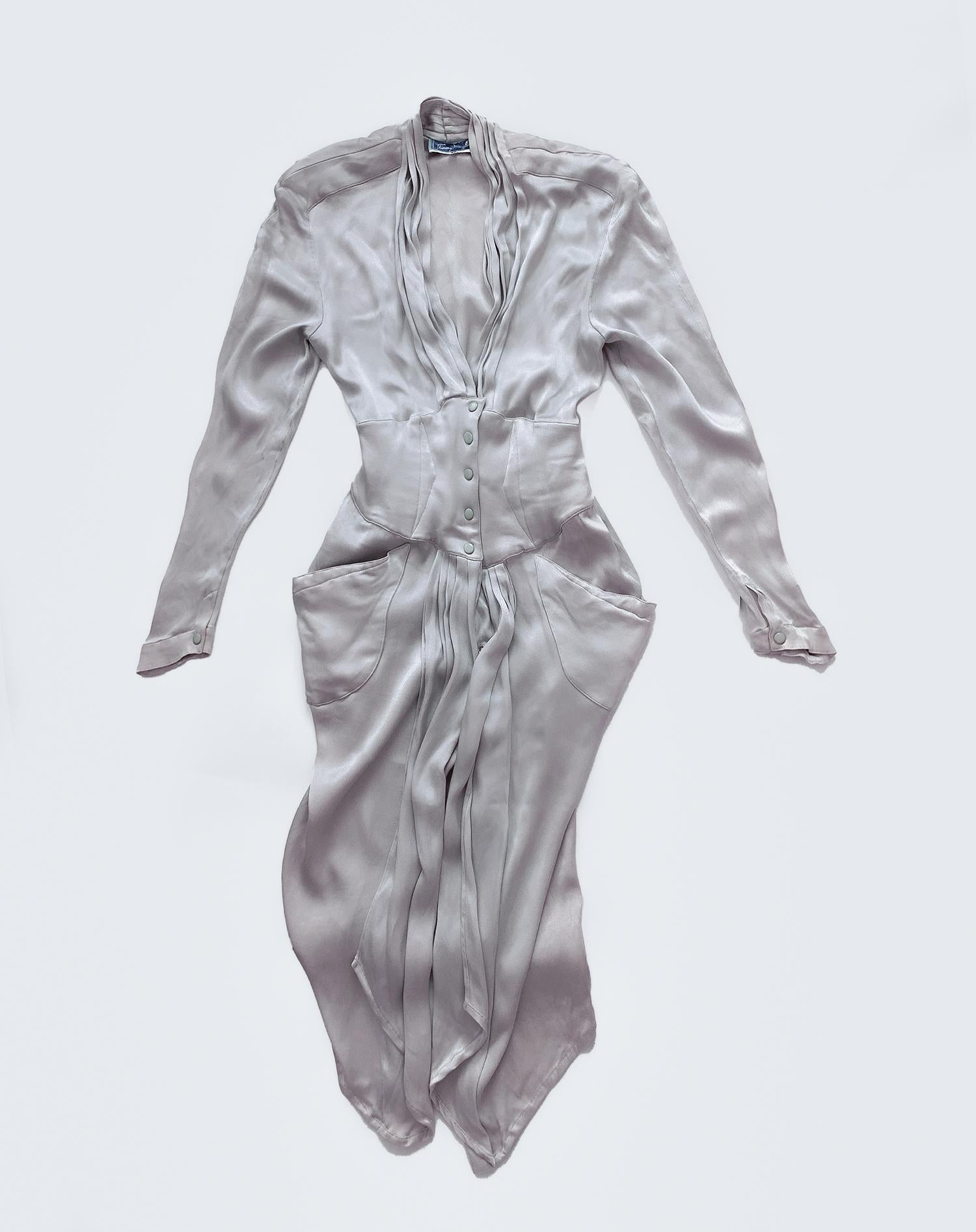 Epic Thierry Mugler FW1986 Silver Metallic Liquid Silky Goddess Dress Rare  For Sale 2