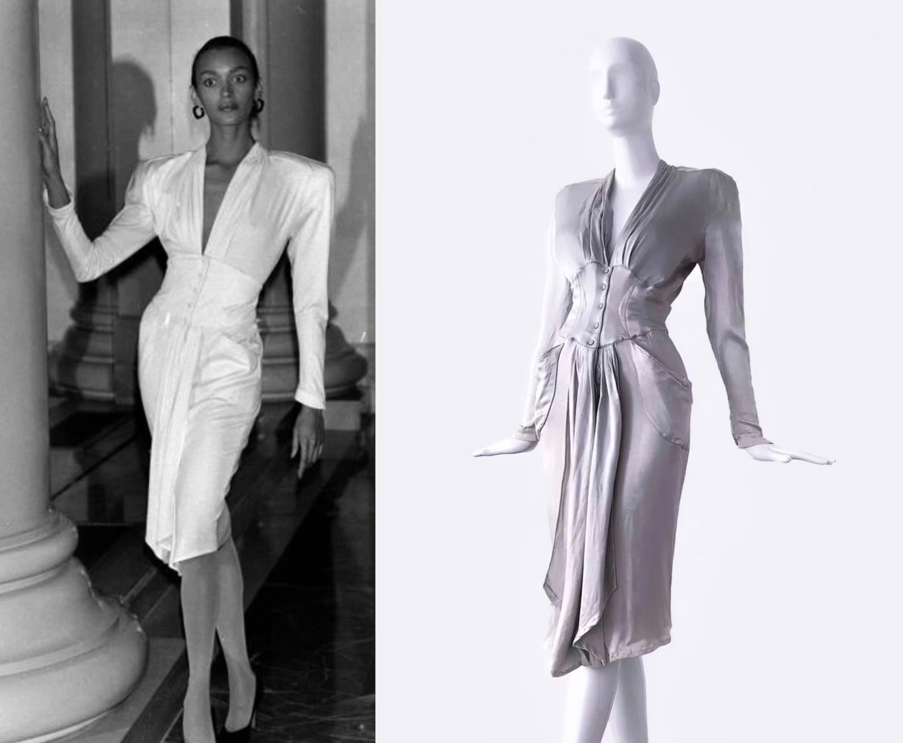 
This Epic Goddess Dress is everything. Extremely rare Thierry Mugler creation, FW 1986 Collection. Liquid silky silver metallic dream in the most stunning fitted shape.
Deep wavy V-Neck and fitted accentuated waist, skirtpart is cascading in the