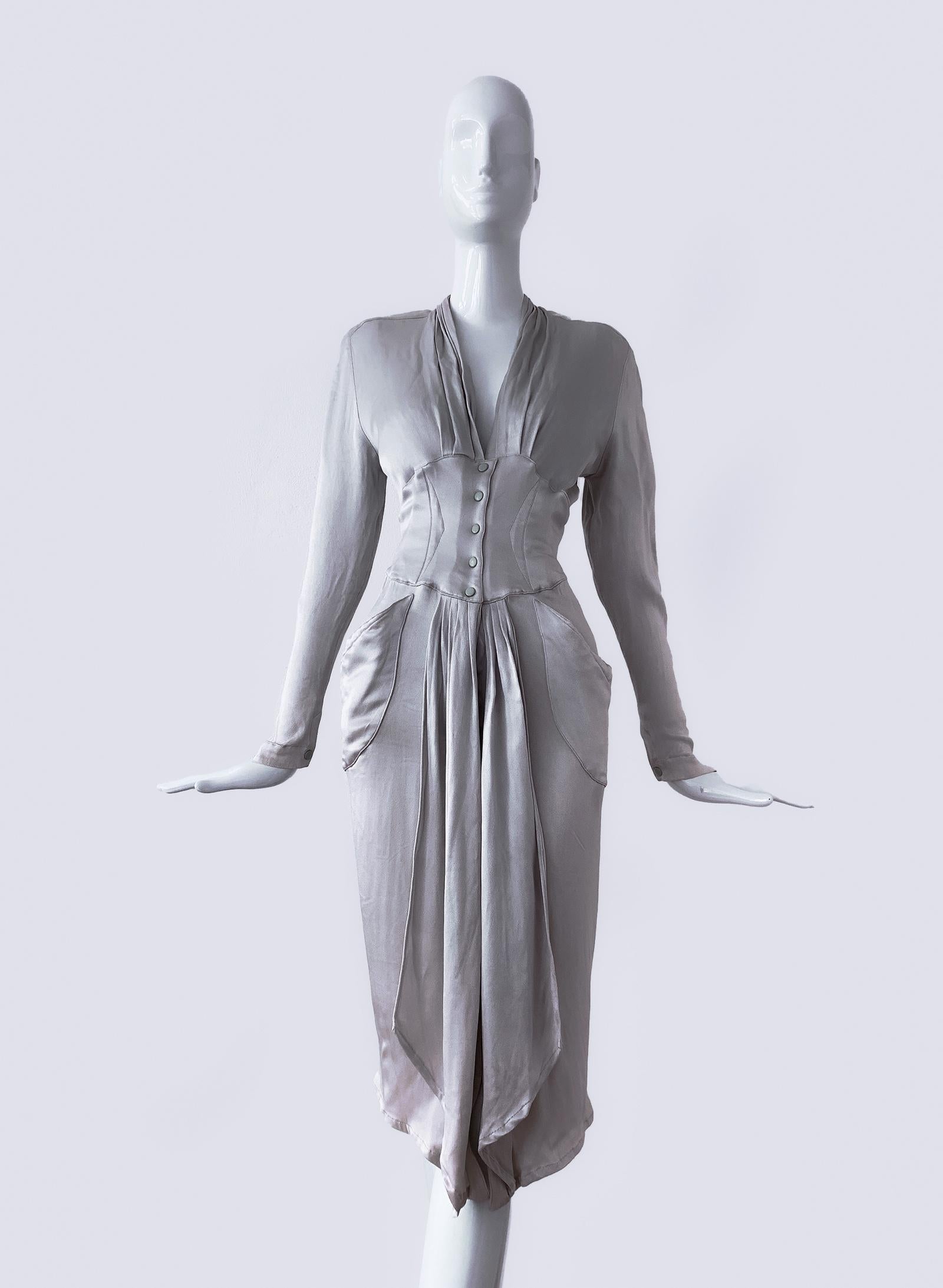 Women's Epic Thierry Mugler FW1986 Silver Metallic Liquid Silky Goddess Dress Rare  For Sale