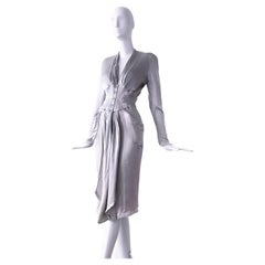 Vintage Epic Thierry Mugler FW1986 Silver Metallic Liquid Silky Goddess Dress Rare 