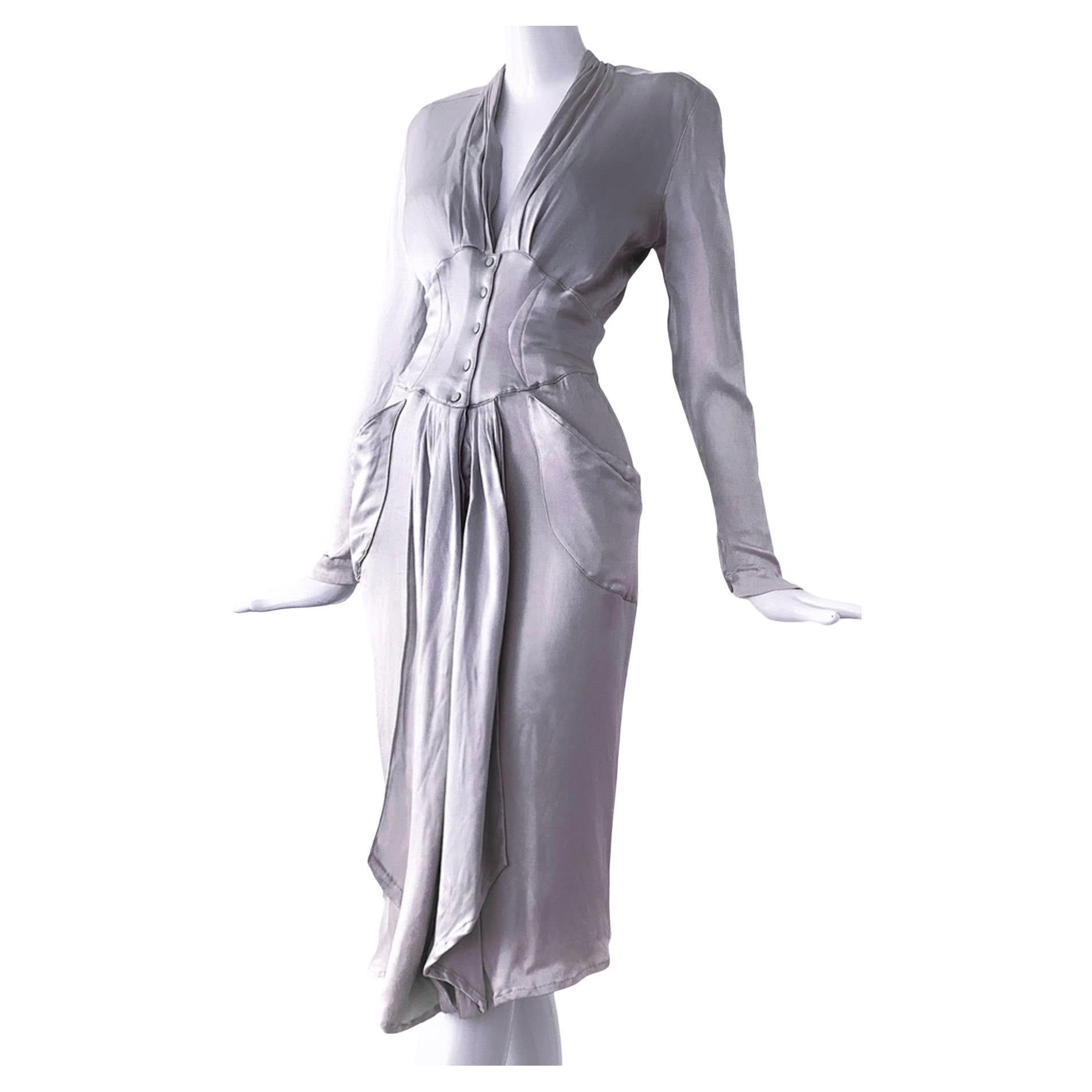 Robe de déesse éthique Thierry Mugler FW1986 argent métallisé liquide soie rare