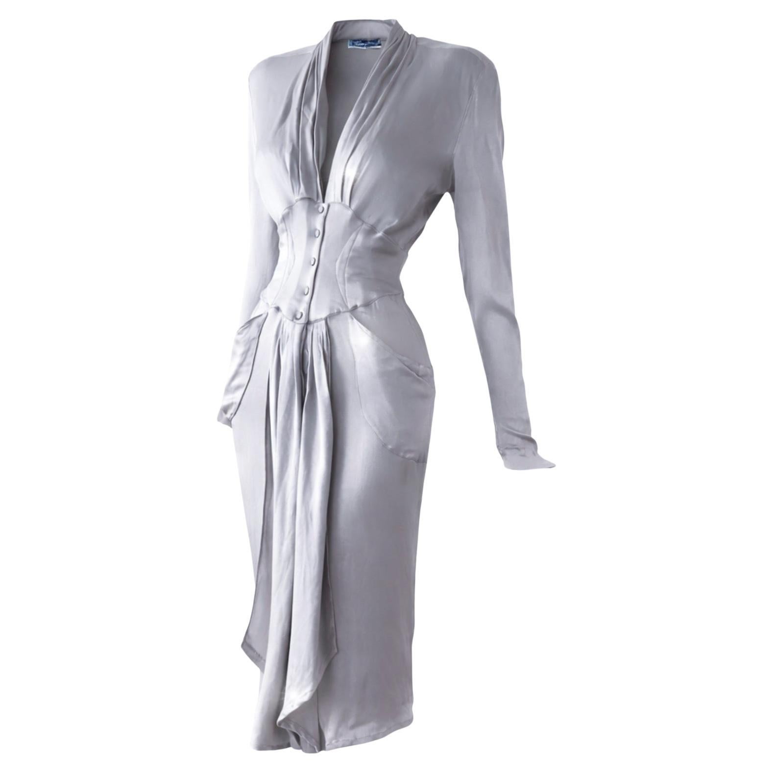 Epic Thierry Mugler FW1986 Silver Metallic Liquid Silky Goddess Dress Rare