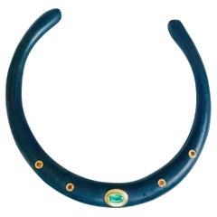 Wood Collar Necklace with Emerald, Mandarin Garnets 
14k Gold