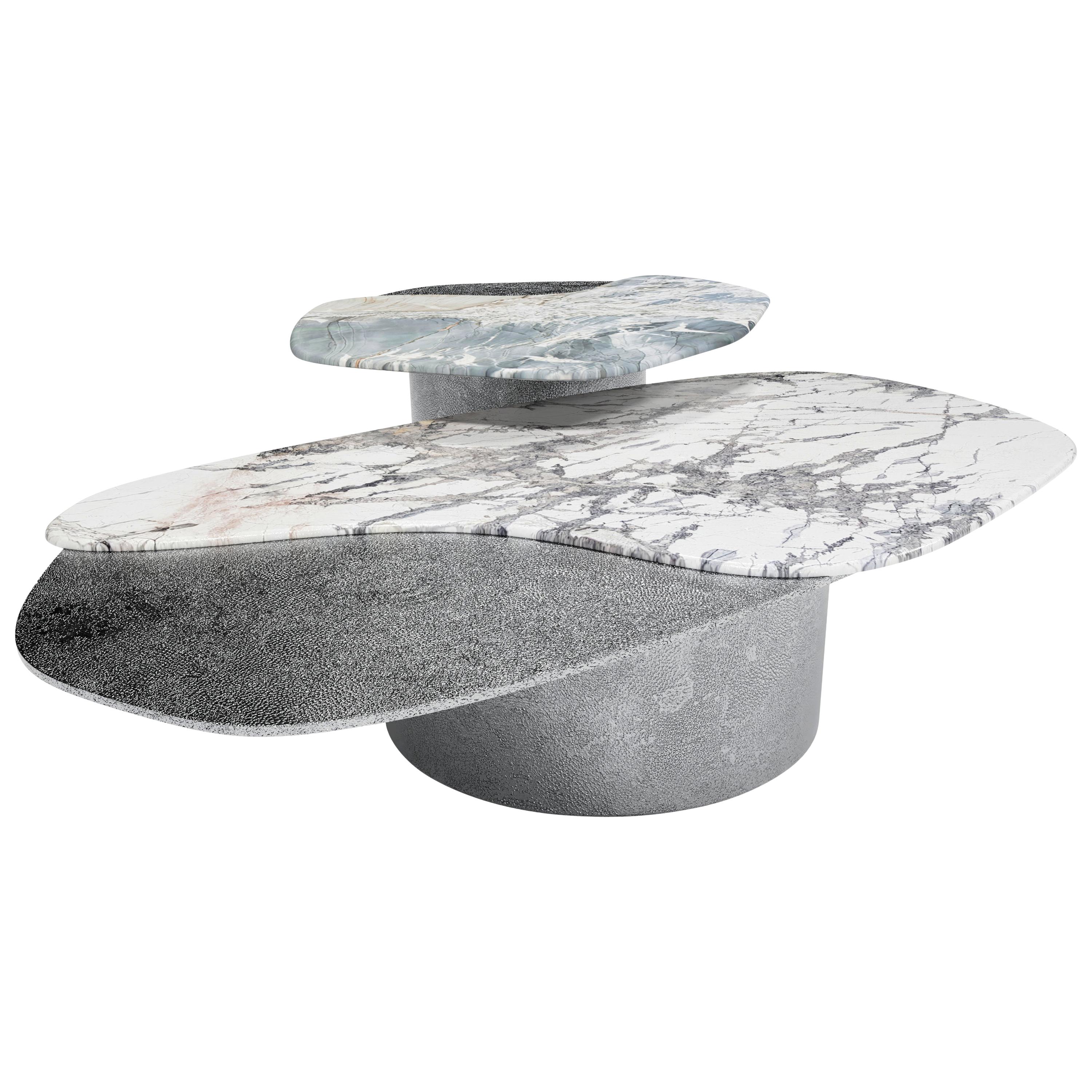 "Epicure IV" Center Table ft. Quartzite, Marble and Liquid Nickel Finish For Sale