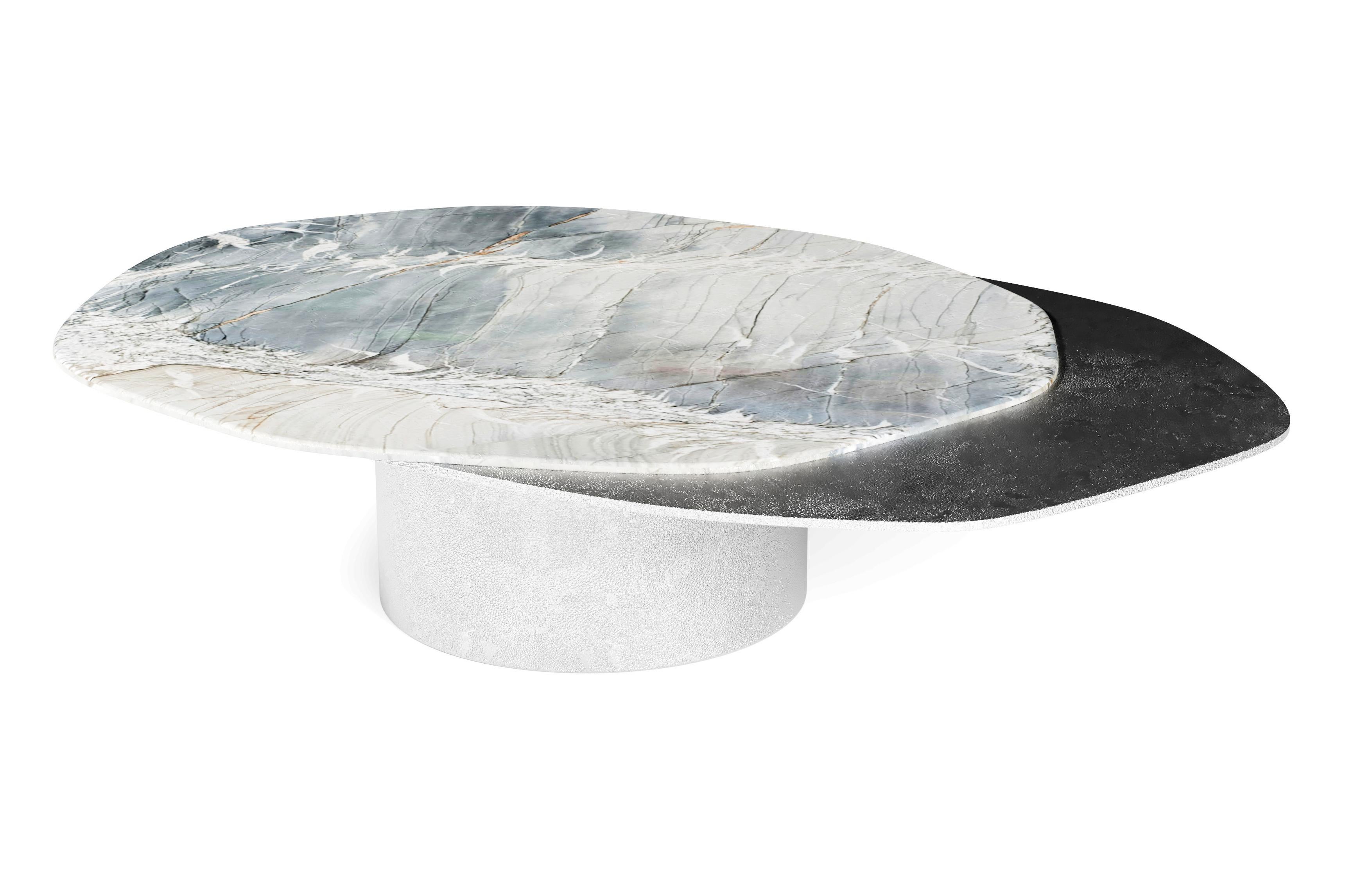 “The Epicure III” Contemporary Center Coffee Table ft natural quartzite Venom and solid aluminium plates in “Windy Nickel” finish.

Luxury doesn’t always follow the common patterns. Luxury goes beyond and almost like one of the best gourmets joins