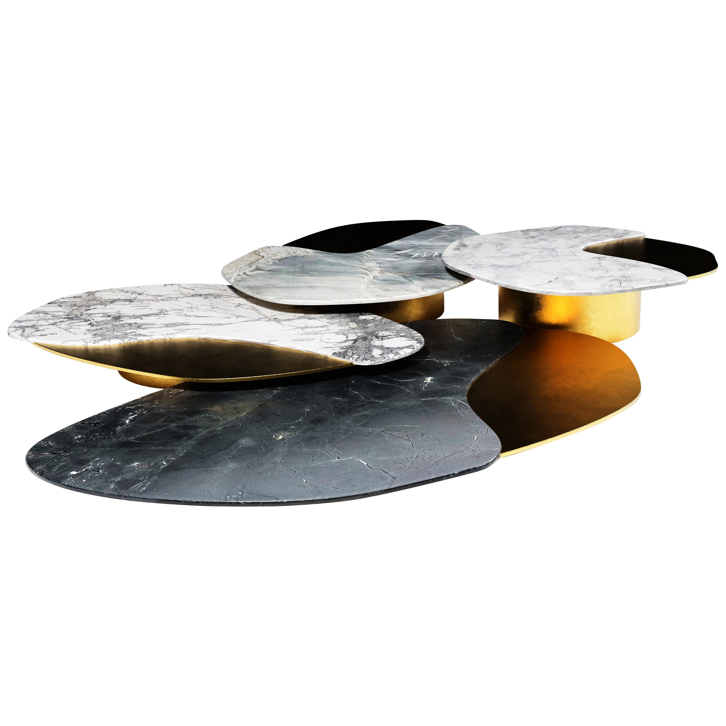 "Epicure I" Center Table ft. Quartzites and Satin brass Bases For Sale