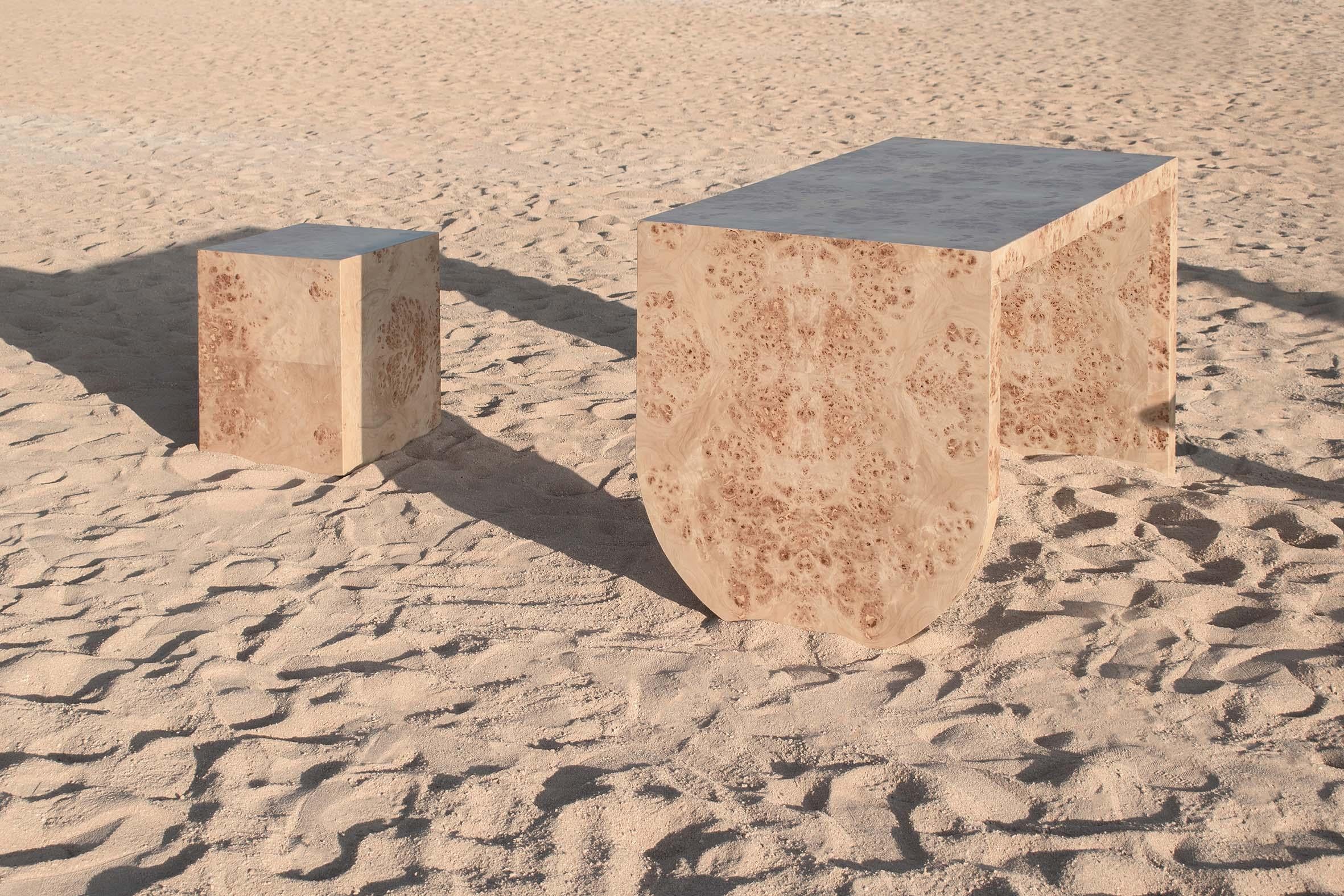 Epifania desk & cube by Studio Christinekalia
Dimensions: Desk: W 70 x D 140 x H 75 cm.
Cube: W 40 x D 40 x H 40 cm.
Materials: Wood, burl venner. 

Christine Kalia is a design studio exploring modes of spatial relations between architectural,