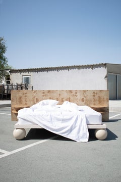 EPIFANIA Mapa Burl Veneer Bed with Integrated Nightstands in Beige Color