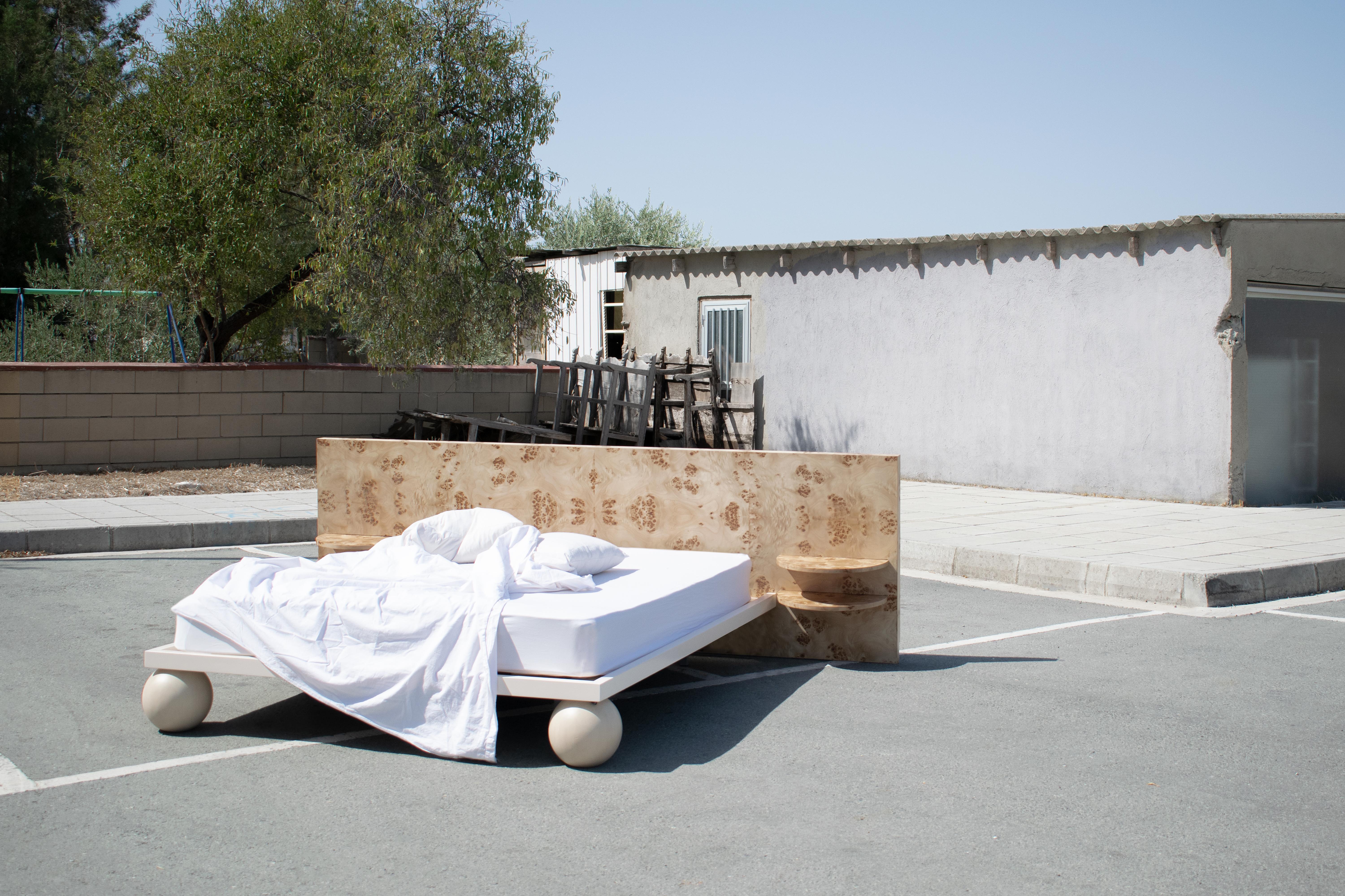 Wood EPIFANIA Mapa Burl Veneer Bed with Integrated Nightstands in Beige Color For Sale