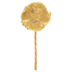 Epinay Briort French Art Nouveau Diamond 18K Gold Floral Lady Antique Stickpin