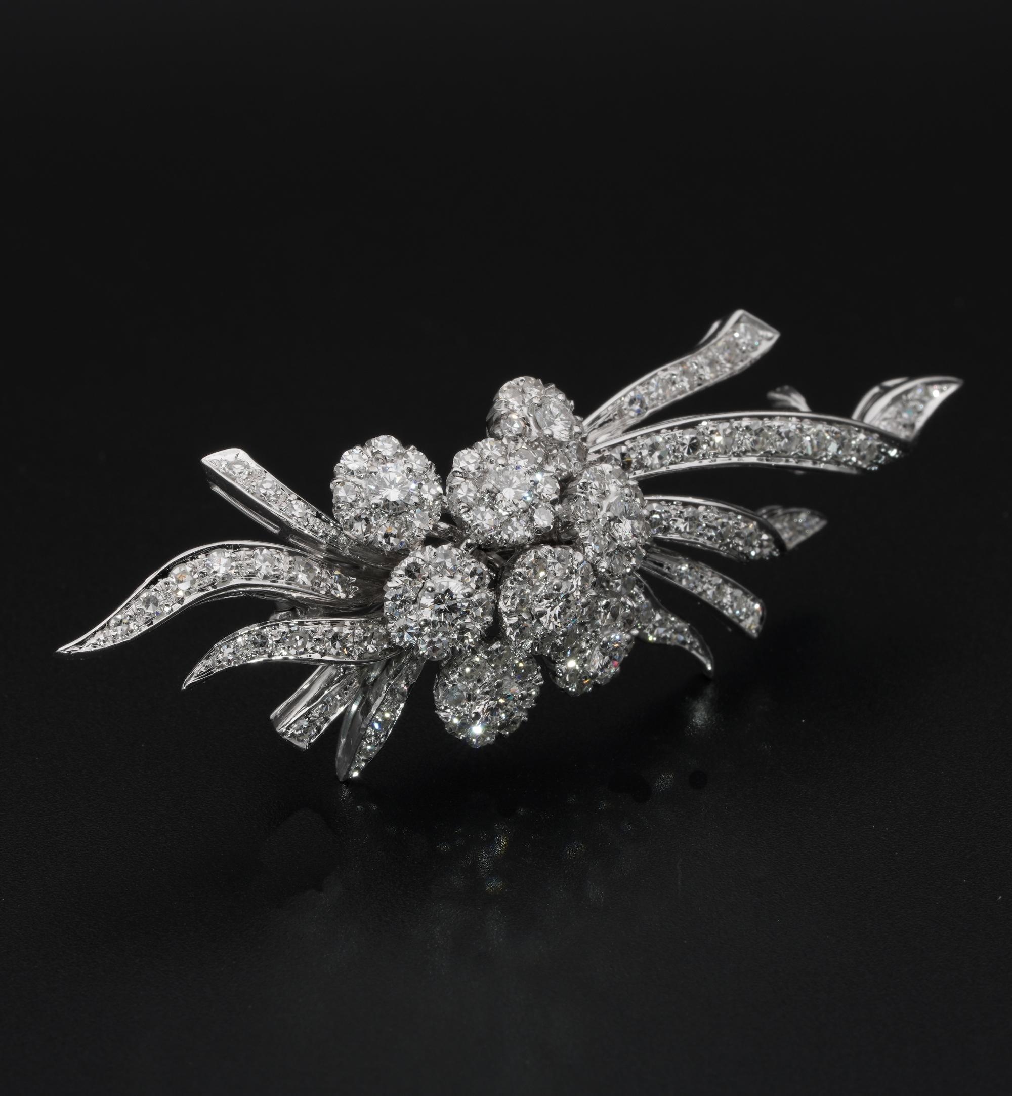 Mixed Cut Glamorous 5.0 Ct Diamonds 50's Flower Spray brooch  For Sale