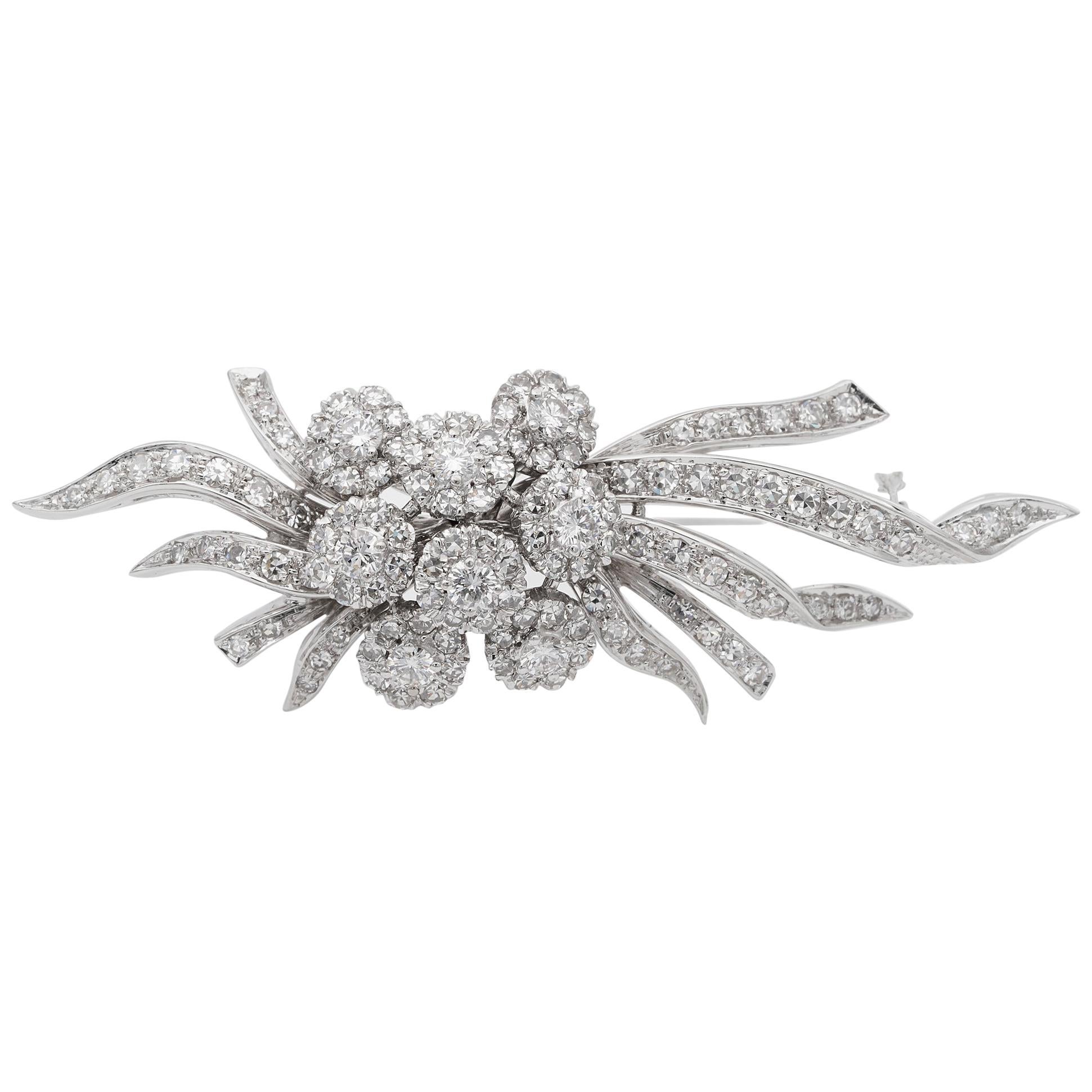 Glamorous 5.0 Ct Diamonds 50's Flower Spray brooch  For Sale