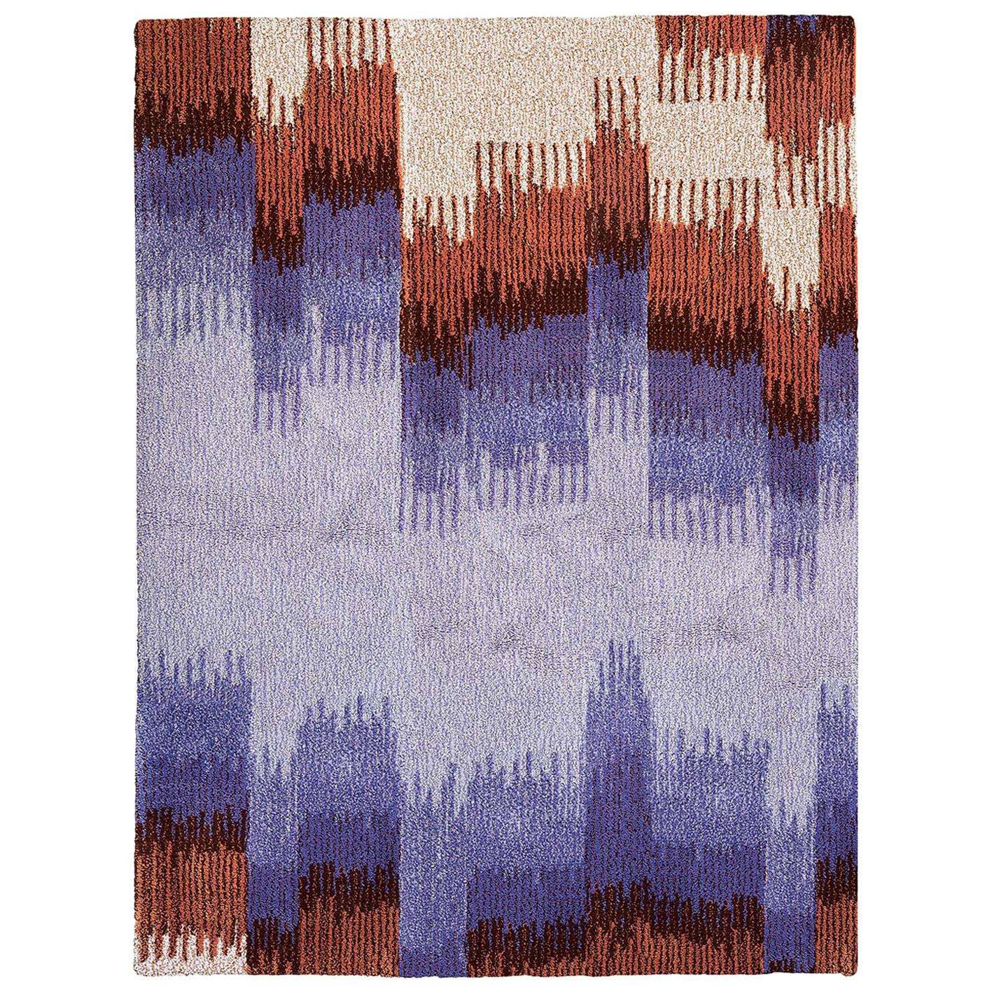 Epoca Due L Rug Royal-Blue and Brick 100% Wool by Portego For Sale