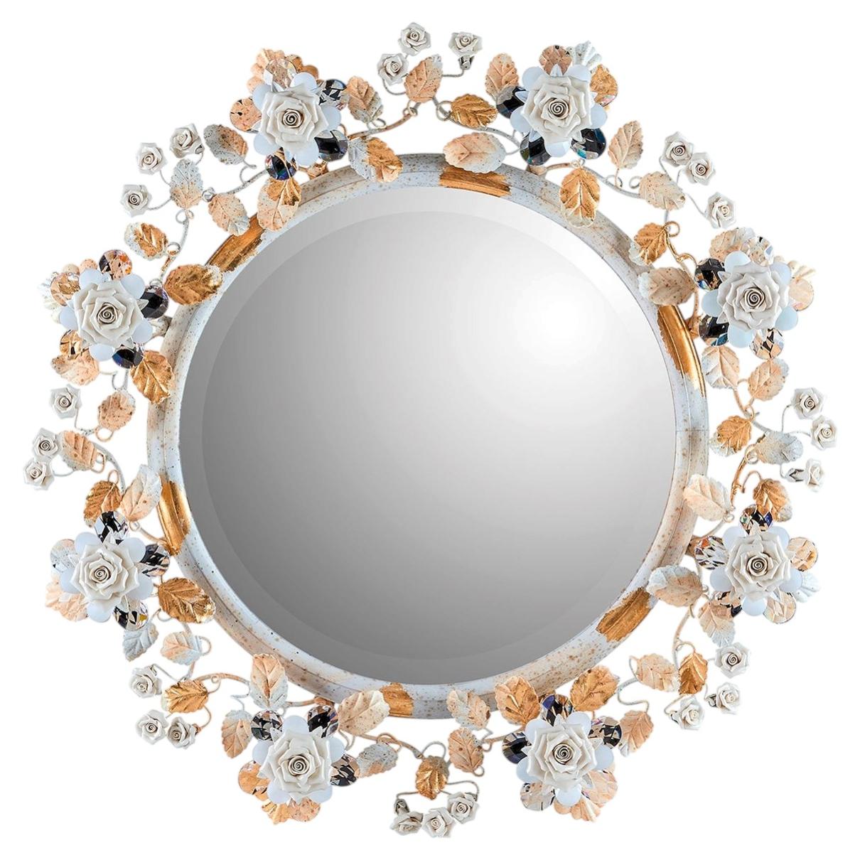 Epoca Lampadari Metal with Capodimonte Porcelain Roses Round Wall Mirror For Sale