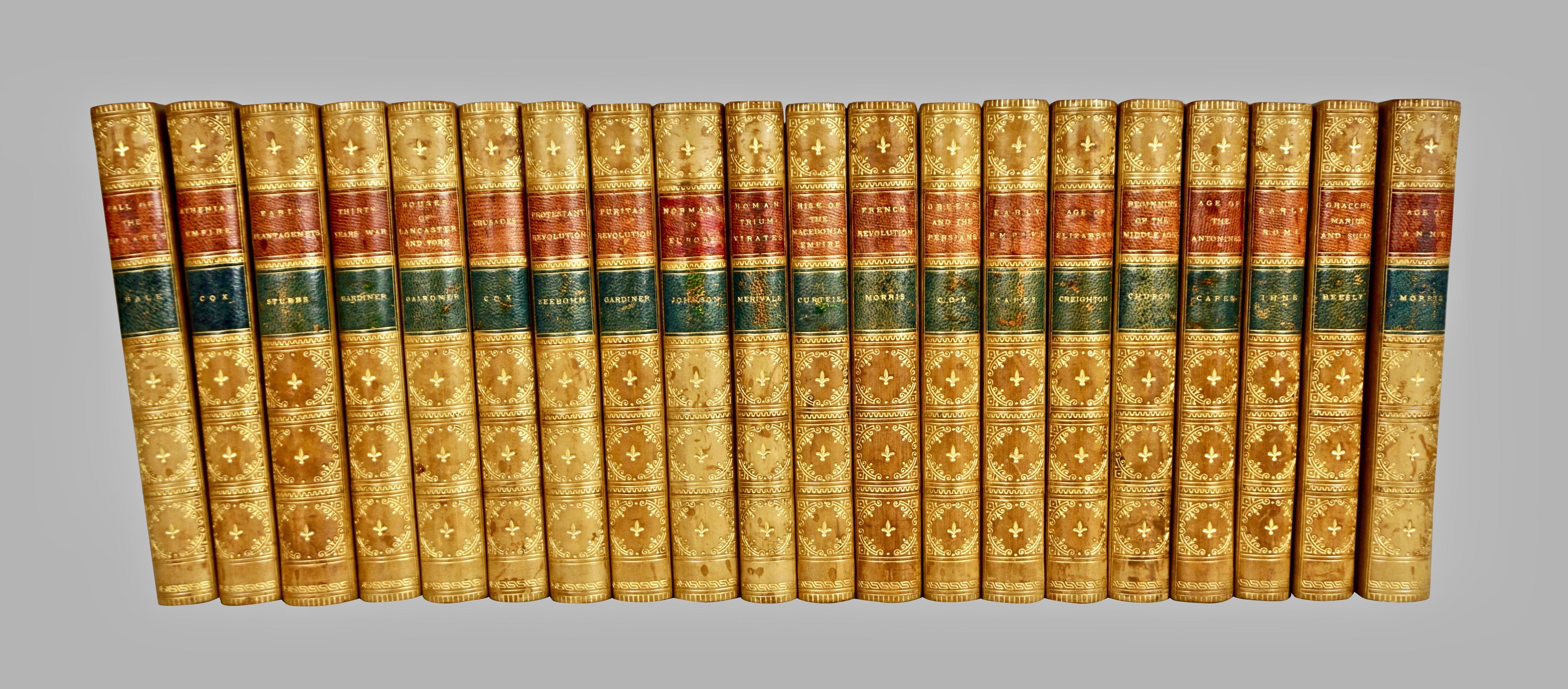 An attractive 20 volume set concerning the histories of various older civilizations including the Greeks, Persians, Plantagenets and the Norman Conquest. This set is bound in 3/4 leather with marbleized boards and endpapers with raised spines and