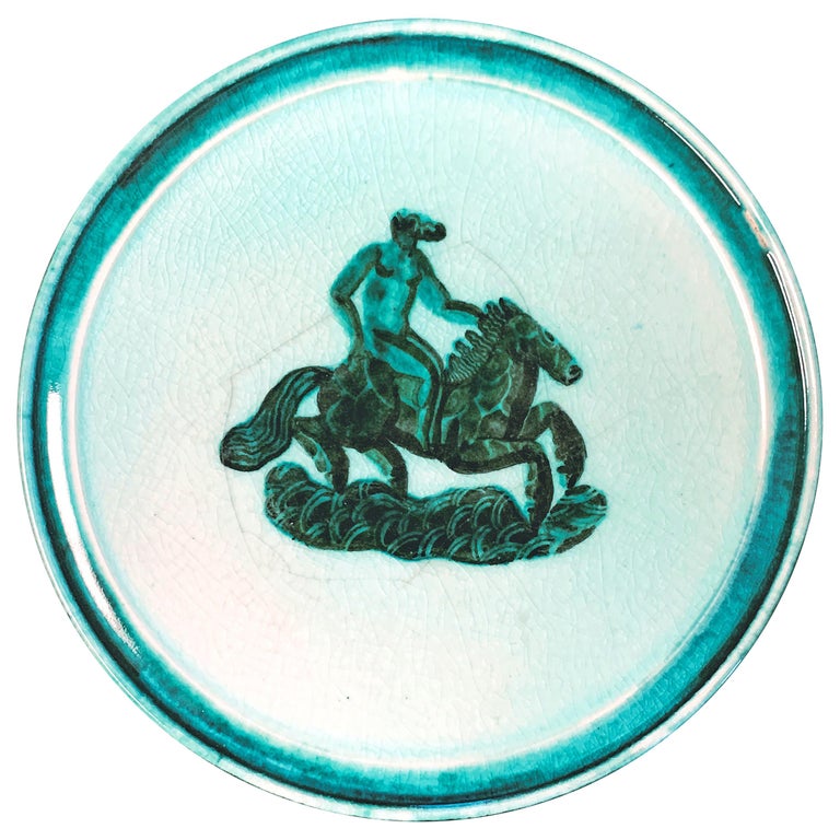 "Epona on Horseback," Gorgeous Pale Green Art Deco Plate by Mayodon For Sale