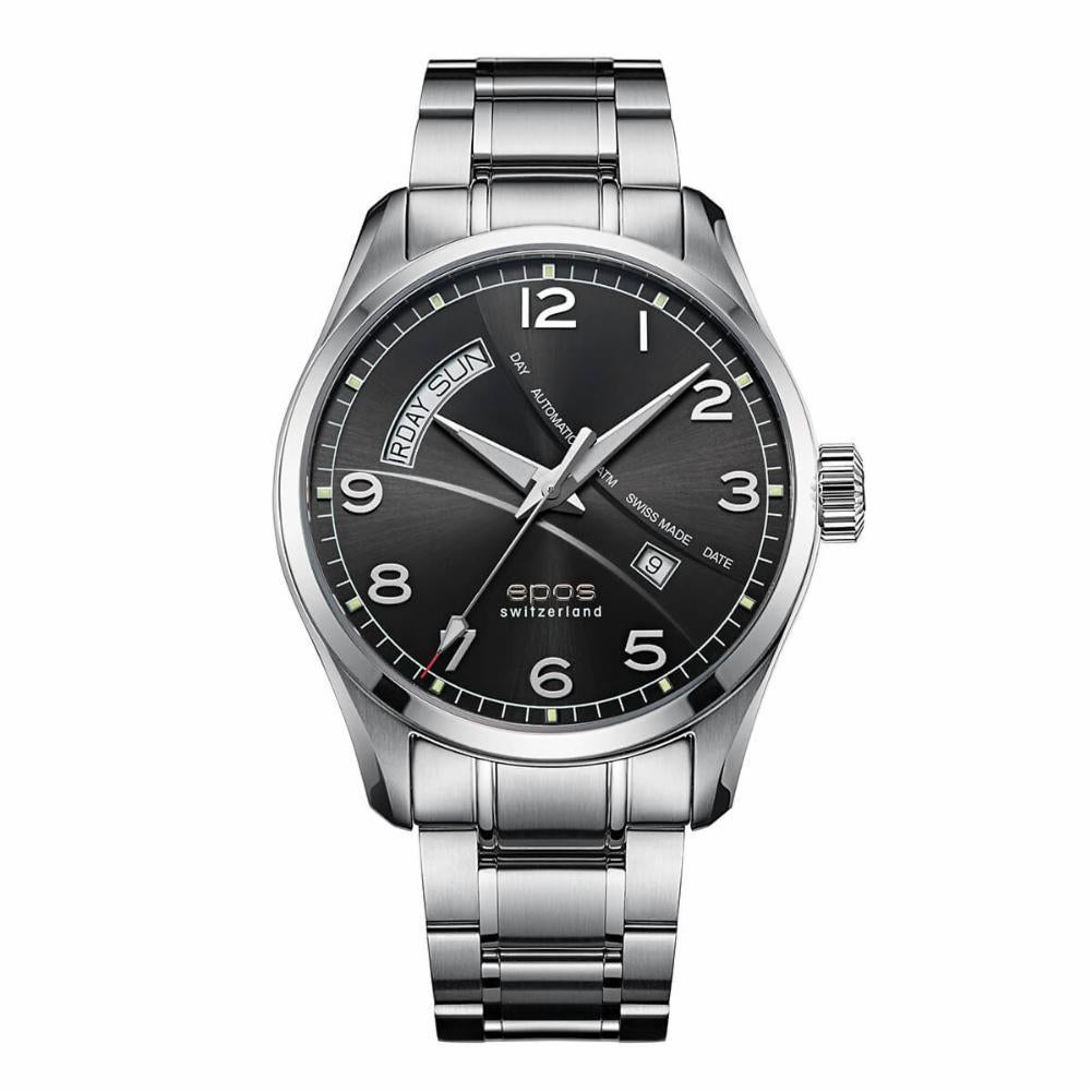 Prominent automatic watch with asymmetrical weekday indication.
