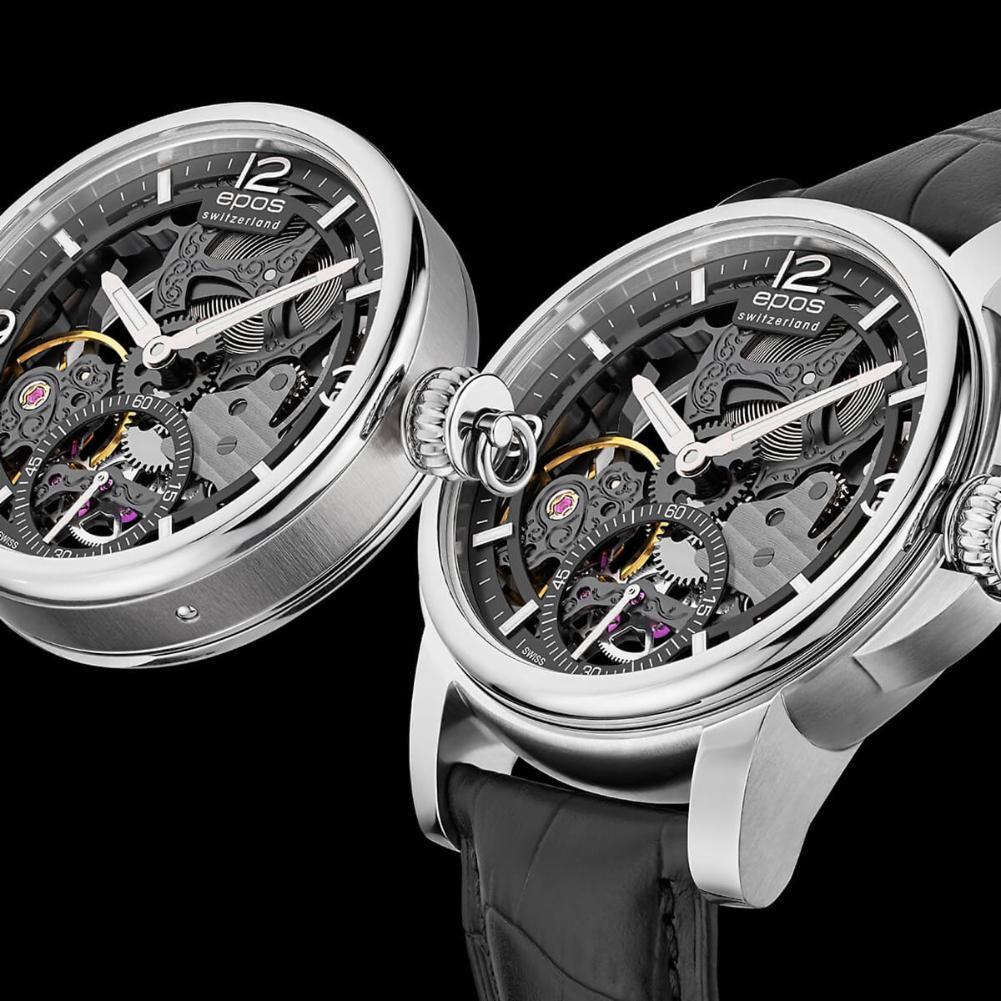 Limited Edition hand-wound skeleton watch with triple functionality: wristwatch, pocket watch, table watch.
