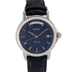 Epos Passion Day Date 39MM 3217 Blue Dial Leather Strap Steel Automatic Watch